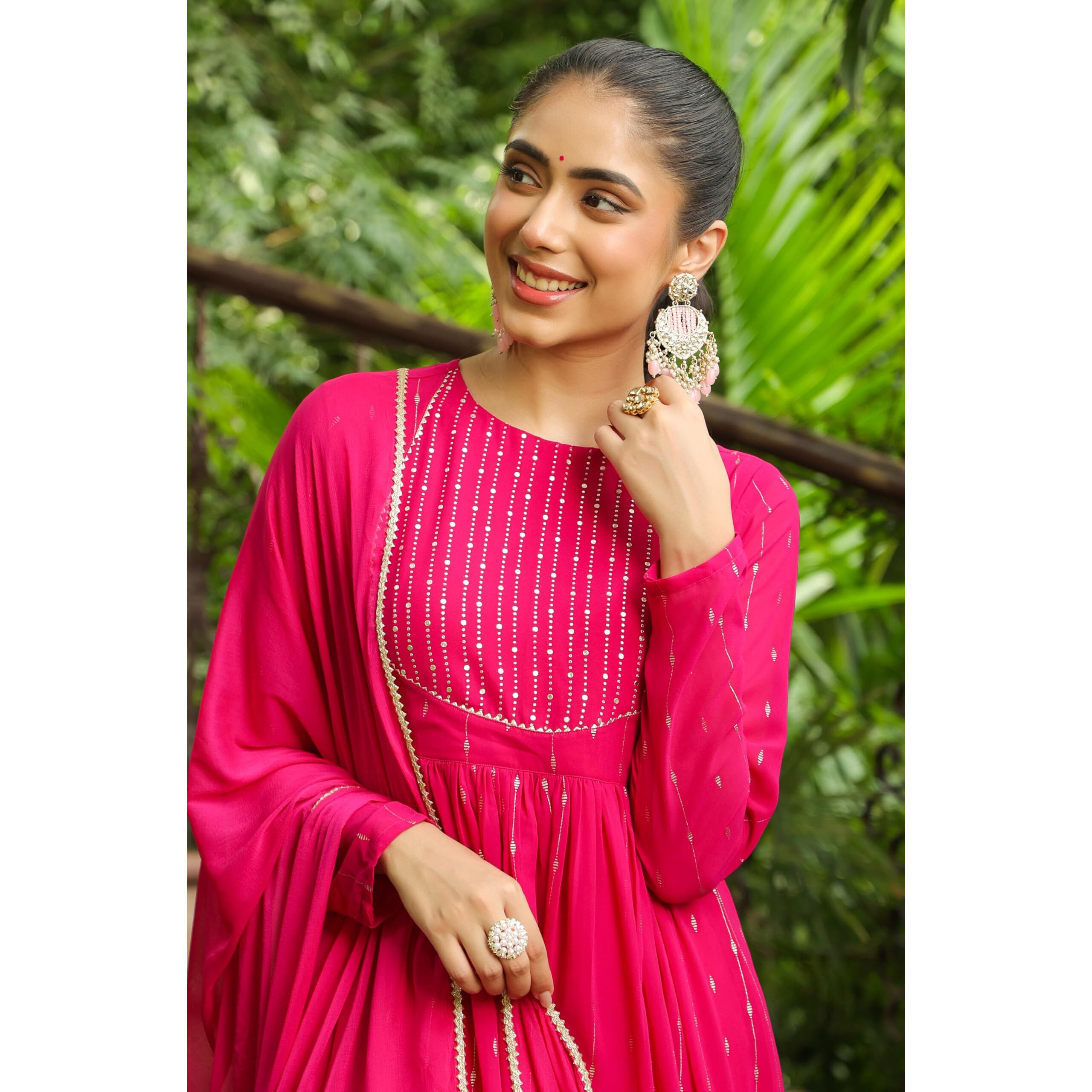 Janasya Women's Pink Georgette Foil Printed Anarkali Kurta Set (JAB24ST00540-XXL)
