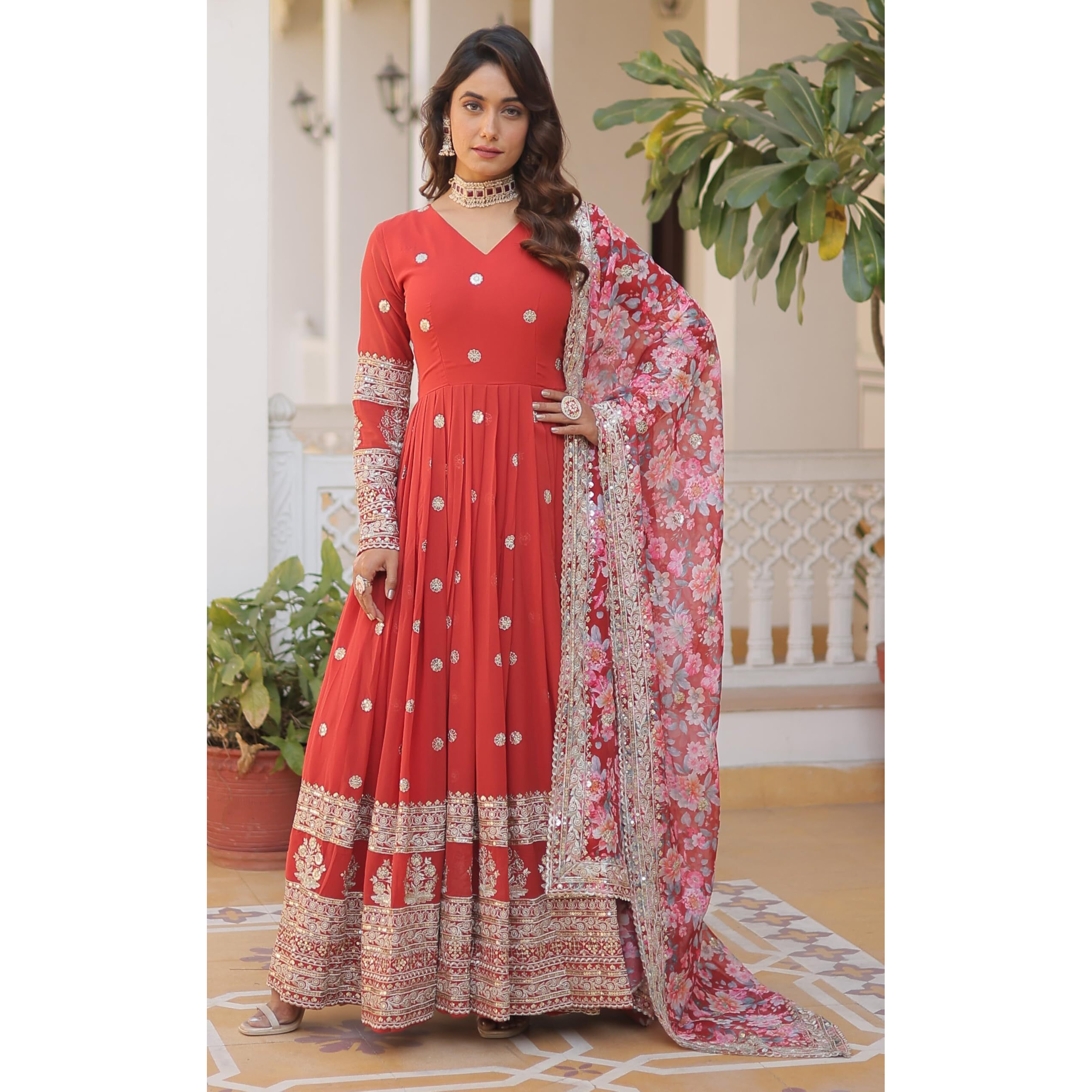 Wedani Faux Georgette Embroidered Work Anarkali Kurta Set for Women (IN, Alpha, XL, Regular, RED)