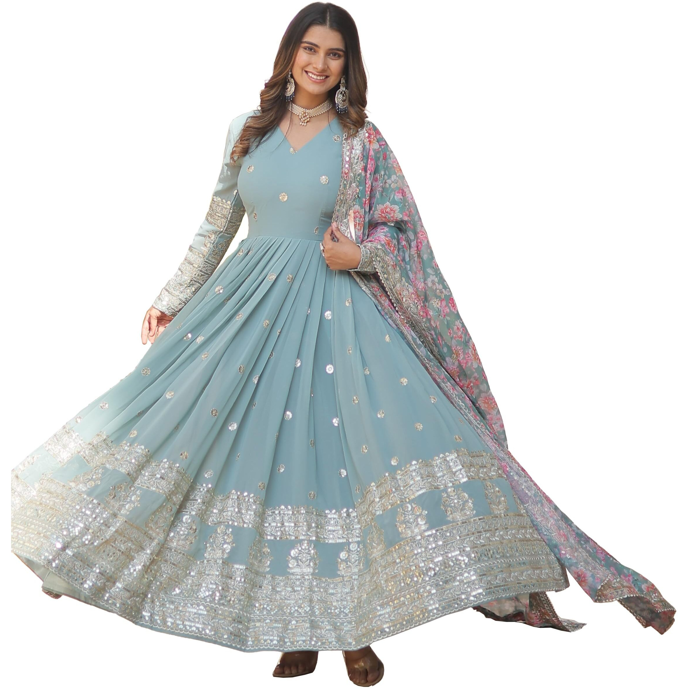 Wedani Faux Georgette Embroidered Work Anarkali Kurta Set for Women (IN, Alpha, XL, Regular, SKY BLUE)