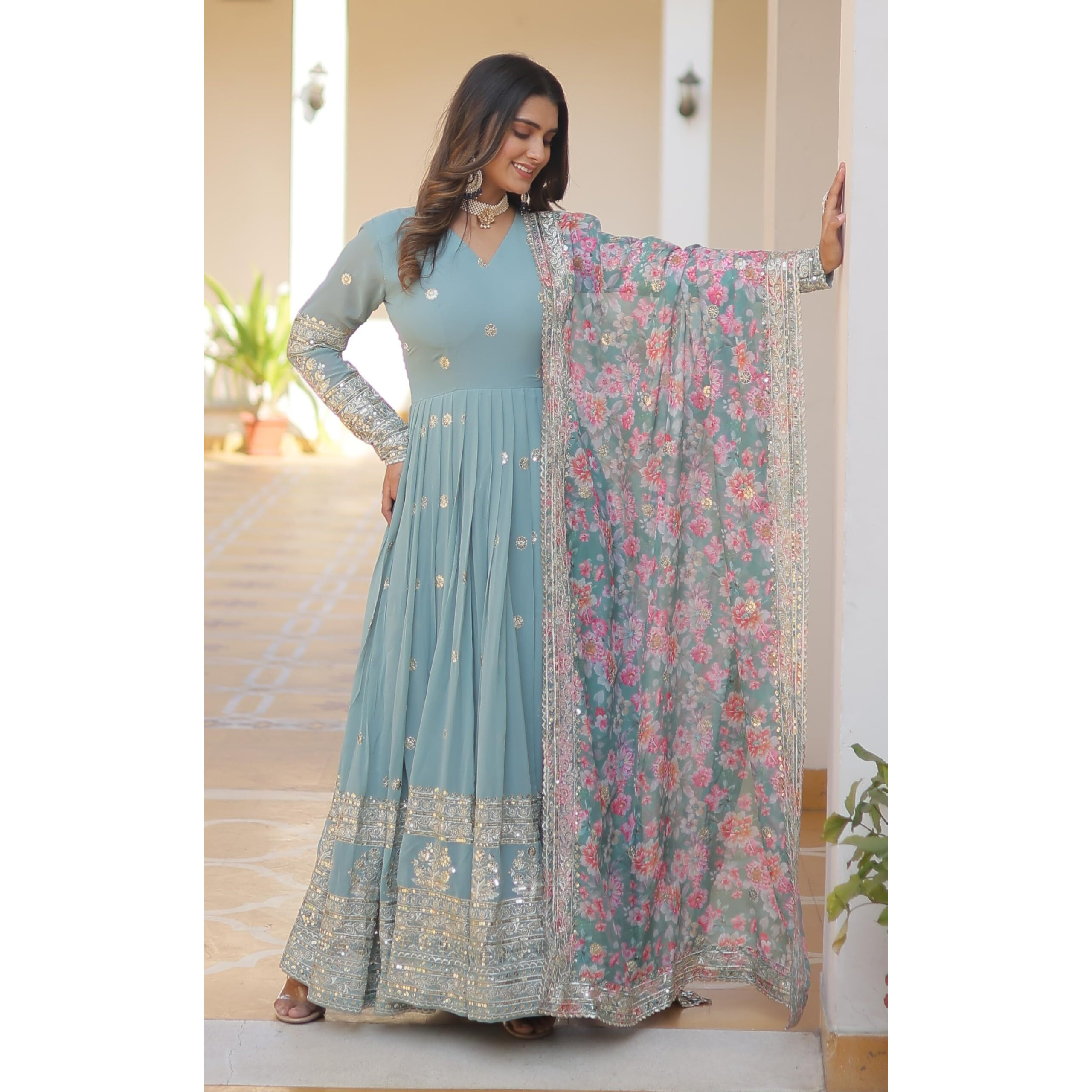 Wedani Faux Georgette Embroidered Work Anarkali Kurta Set for Women (IN, Alpha, XL, Regular, SKY BLUE)