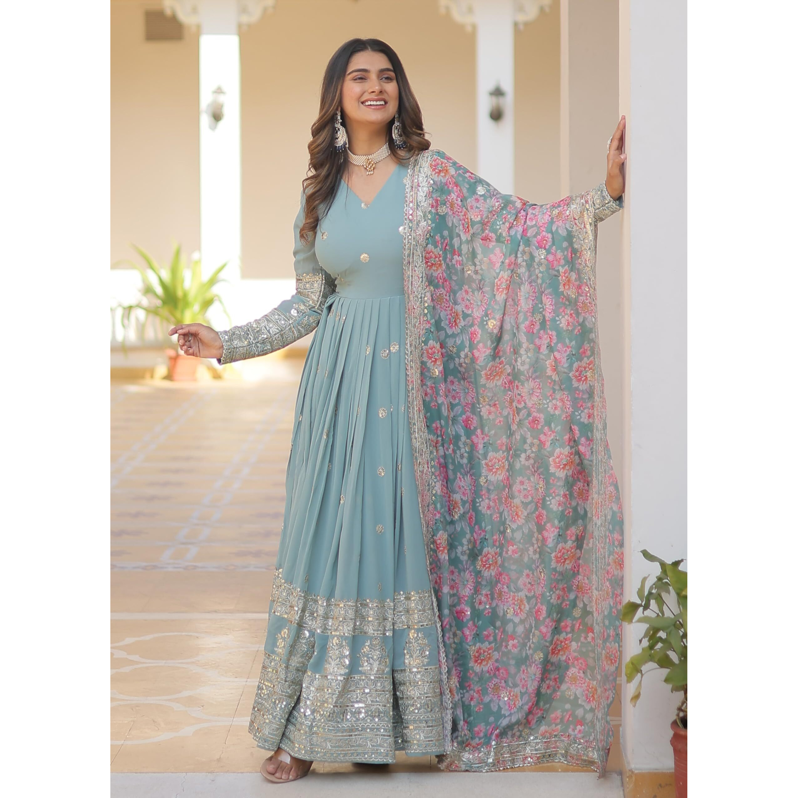 Wedani Faux Georgette Embroidered Work Anarkali Kurta Set for Women (IN, Alpha, XL, Regular, SKY BLUE)