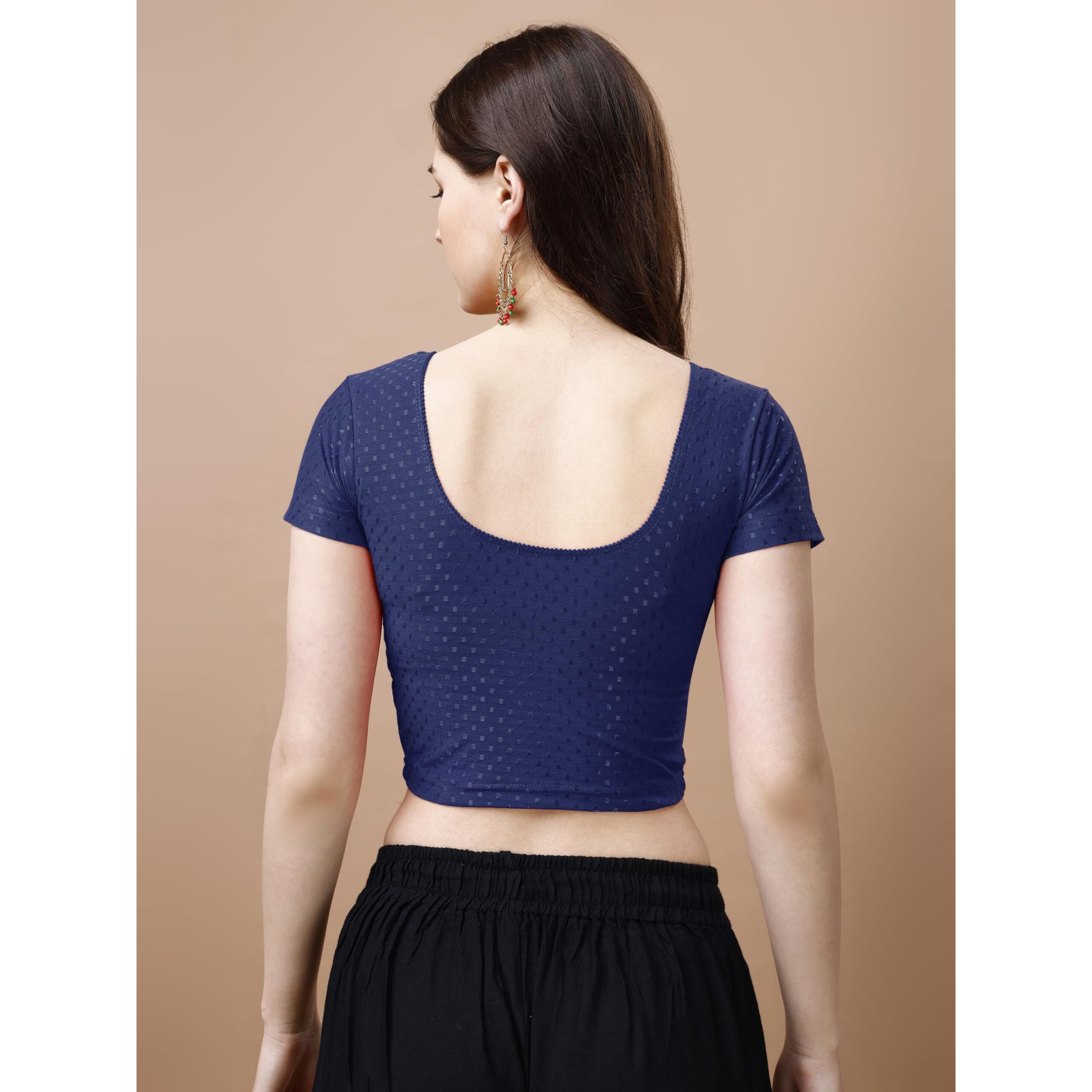 Pujia Mills Women's Readymade Dobby Cotton Lycra Stretchable Round Neck Short Sleeve Blouse Fancy Navy Blue Color Lycra Stretchable Blouse for Women Stylish Readymade Saree Blouse