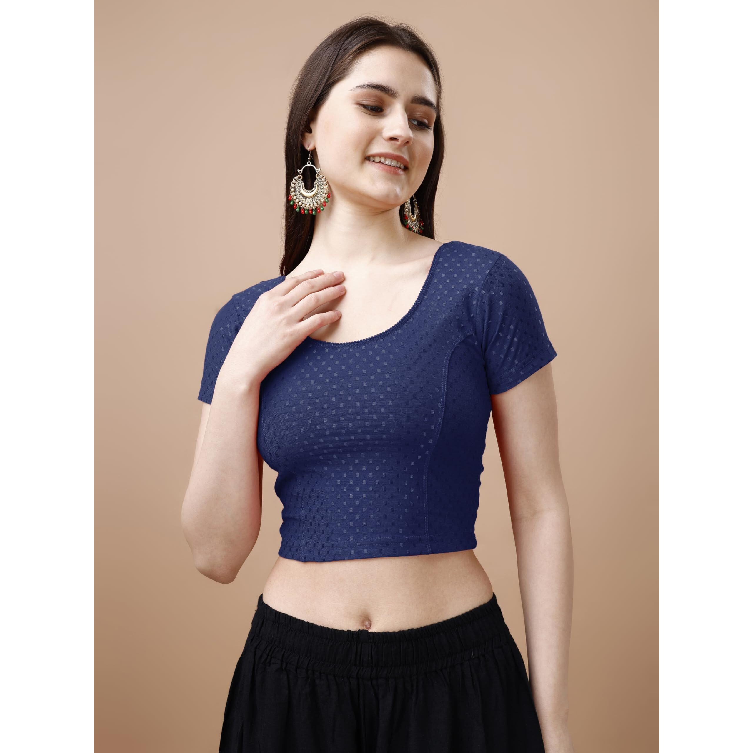 Pujia Mills Women's Readymade Dobby Cotton Lycra Stretchable Round Neck Short Sleeve Blouse Fancy Navy Blue Color Lycra Stretchable Blouse for Women Stylish Readymade Saree Blouse