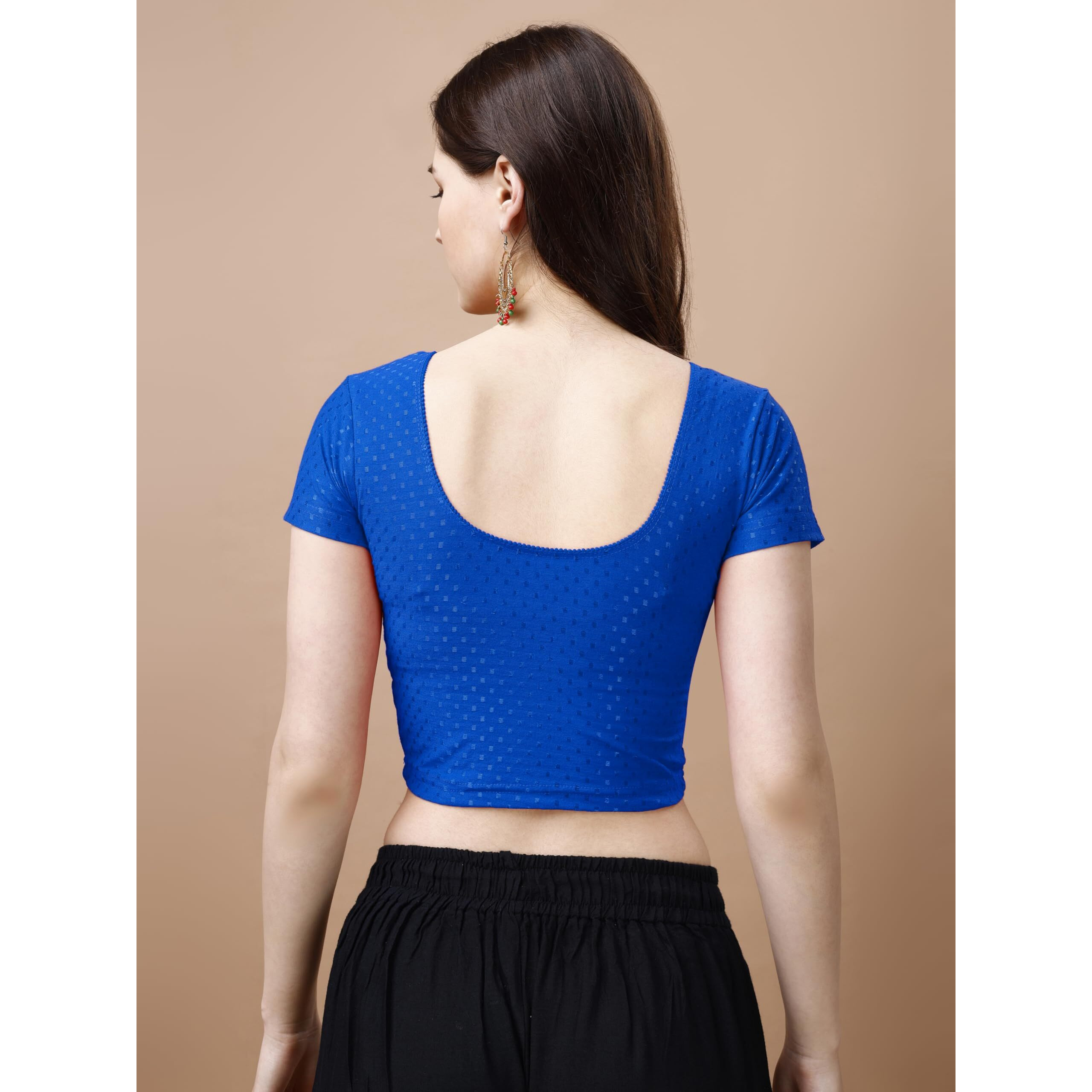 Pujia Mills Women's Readymade Dobby Cotton Lycra Stretchable Round Neck Short Sleeve Blouse Fancy Royal Blue Color Lycra Stretchable Blouse for Women Stylish Readymade Saree Blouse