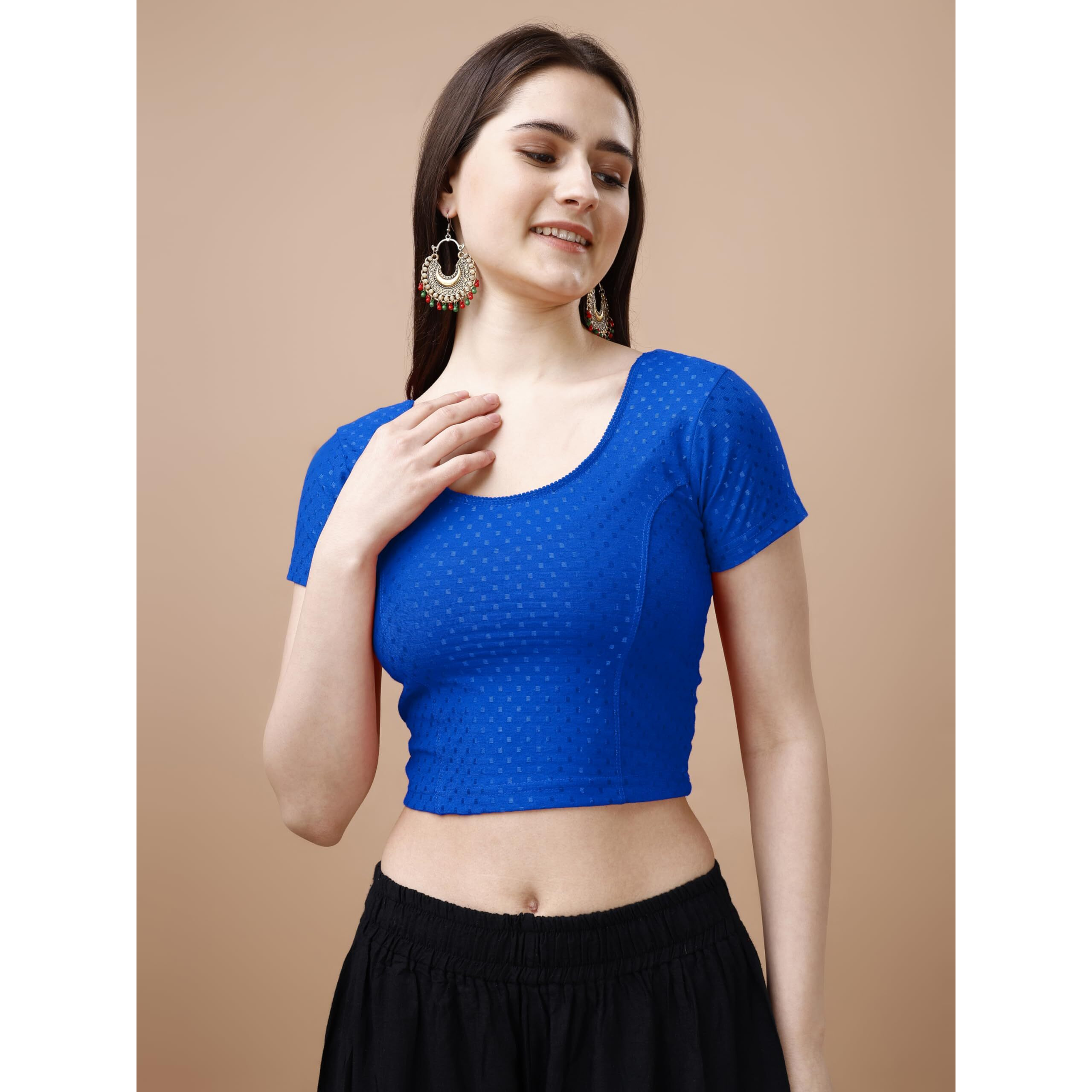Pujia Mills Women's Readymade Dobby Cotton Lycra Stretchable Round Neck Short Sleeve Blouse Fancy Royal Blue Color Lycra Stretchable Blouse for Women Stylish Readymade Saree Blouse