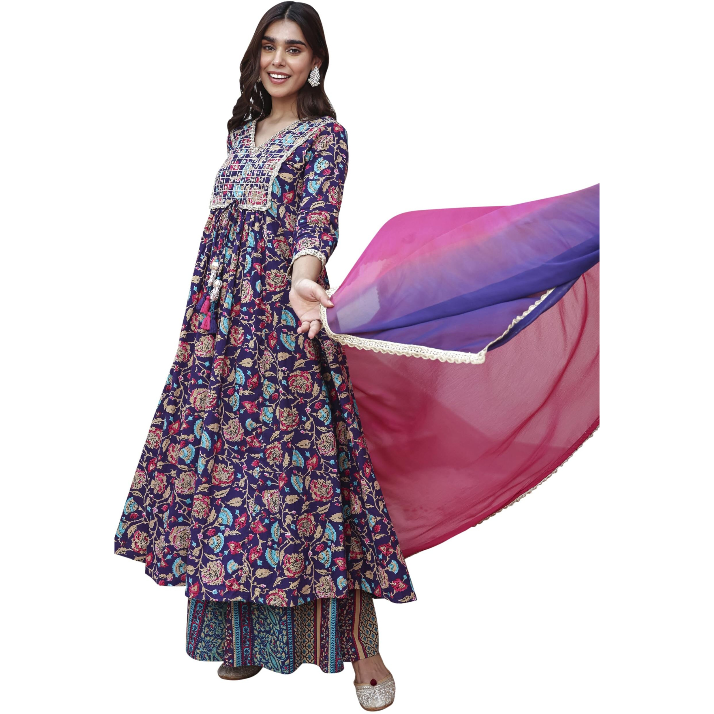 Janasya Women's Purple Cotton Embellished Ethnic Printed Kurta with Flared Palazzo and Dupatta(SET860-KR-PP-A-XL)