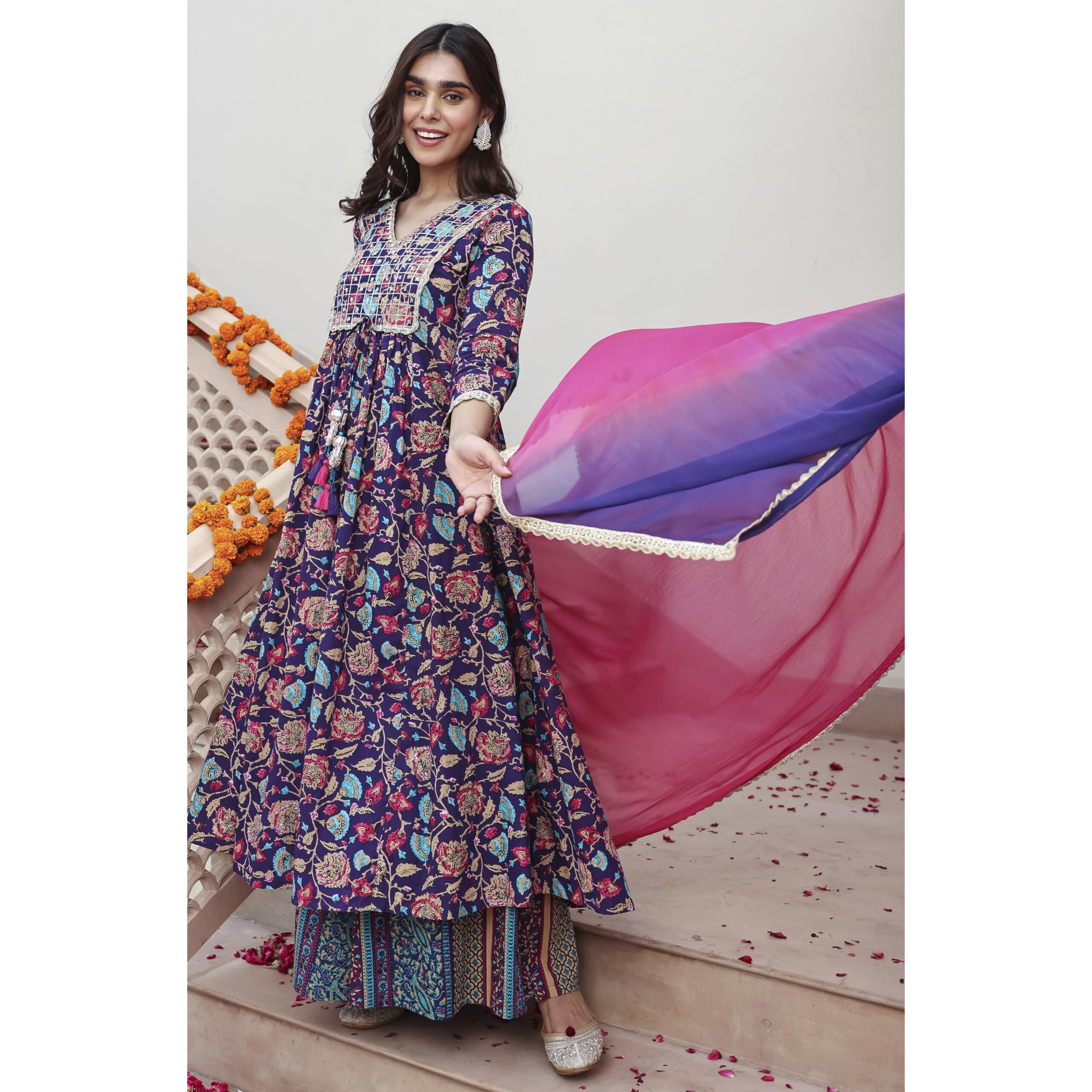 Janasya Women's Purple Cotton Embellished Ethnic Printed Kurta with Flared Palazzo and Dupatta(SET860-KR-PP-A-XL)