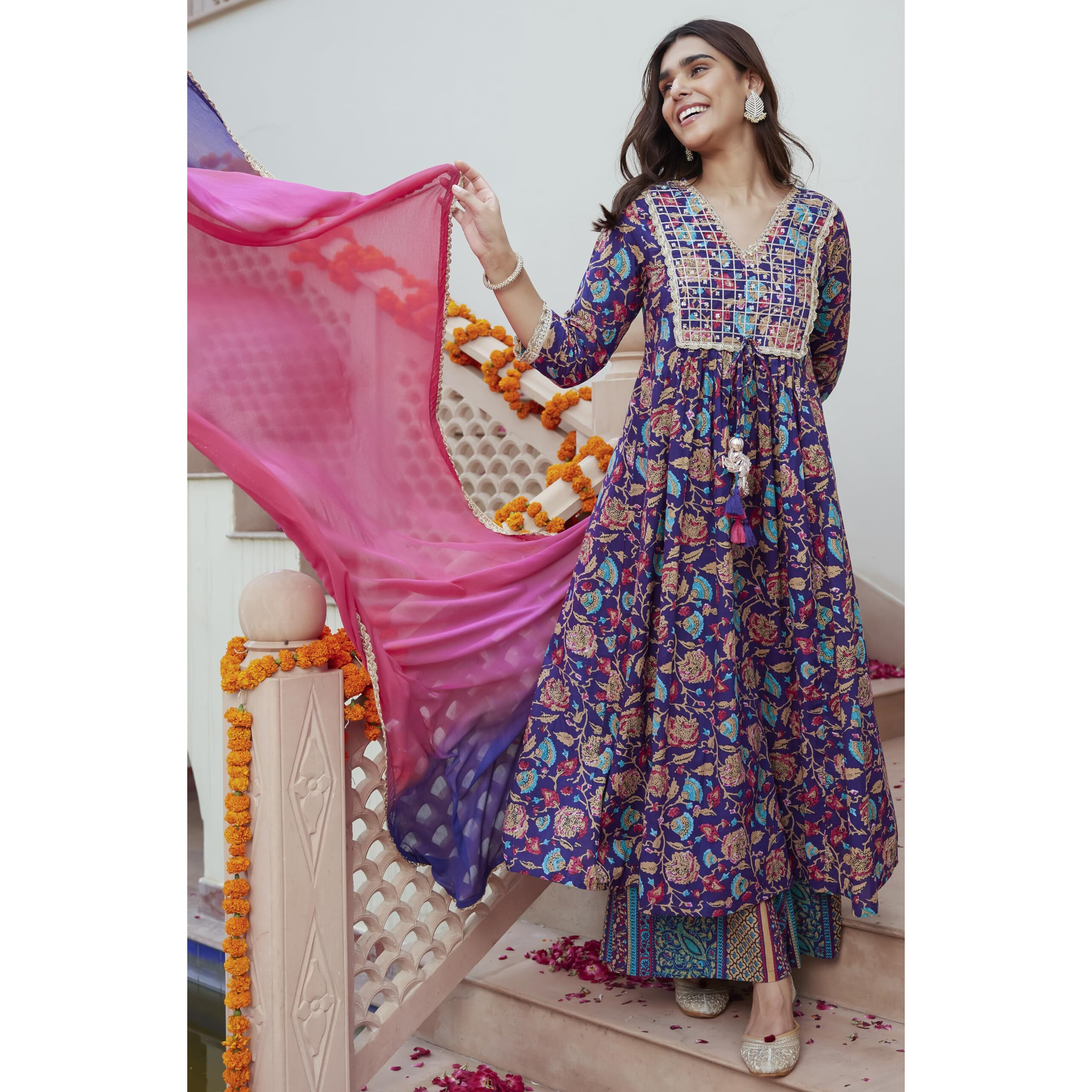 Janasya Women's Purple Cotton Embellished Ethnic Printed Kurta with Flared Palazzo and Dupatta(SET860-KR-PP-A-XL)