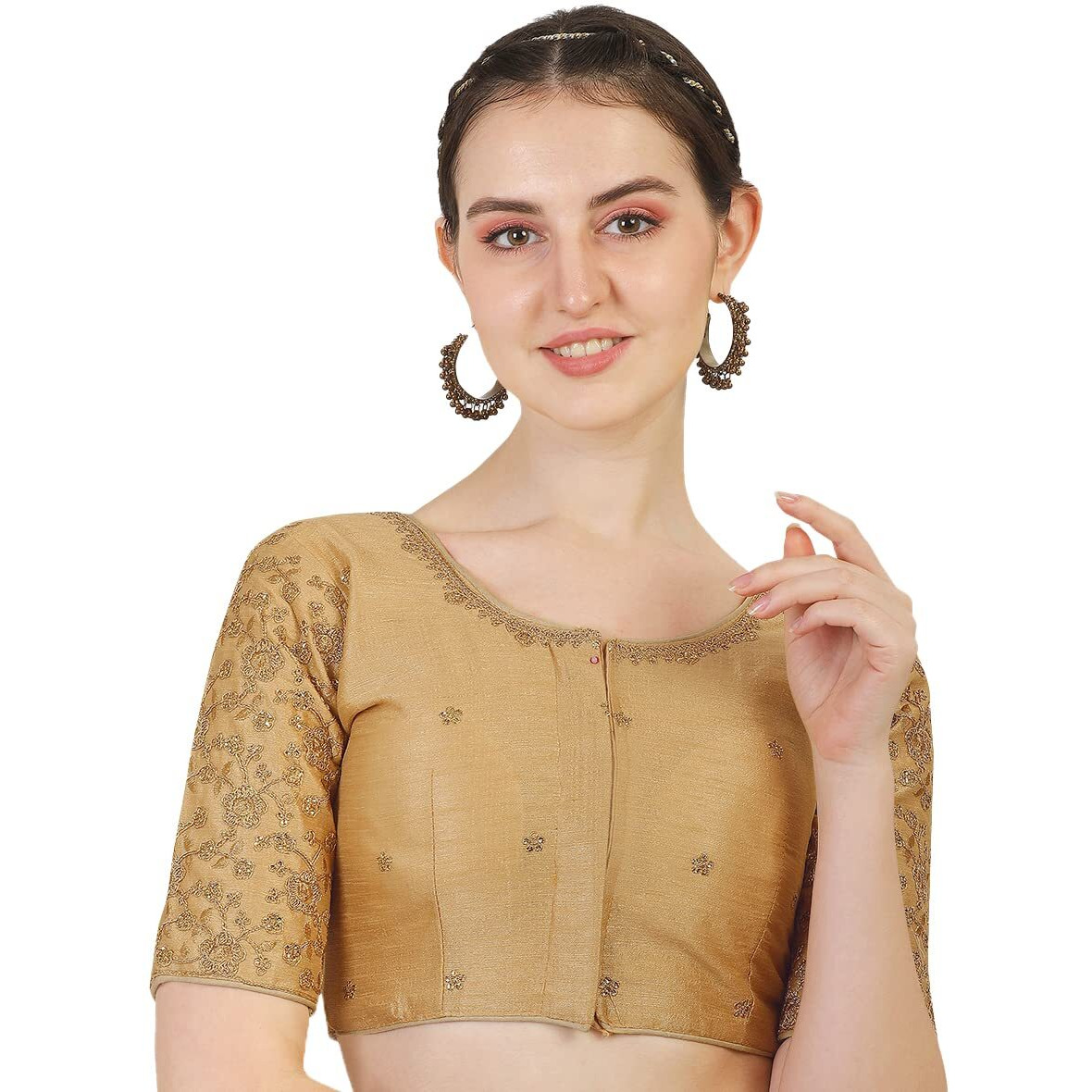 Pujia Mills Women's Phantom Silk Flower Half Sleeve Saree Blouse (Flowerr Blouse_Gold_36 Size+Margin)