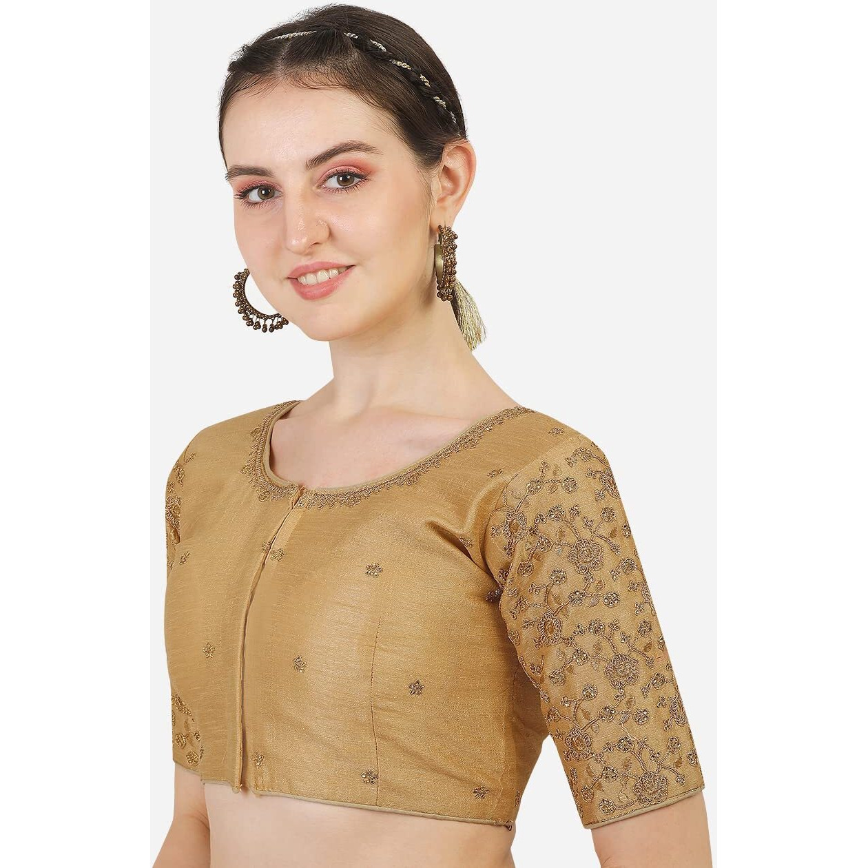 Pujia Mills Women's Phantom Silk Flower Half Sleeve Saree Blouse (Flowerr Blouse_Gold_36 Size+Margin)