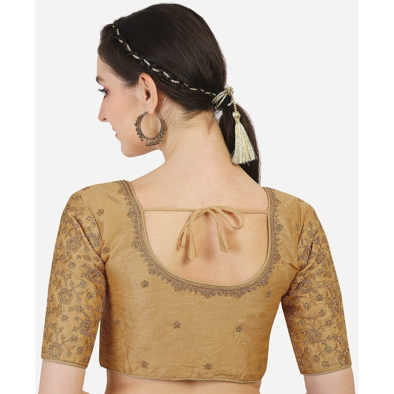 Pujia Mills Women's Phantom Silk Flower Half Sleeve Saree Blouse (Flowerr Blouse_Gold_36 Size+Margin)