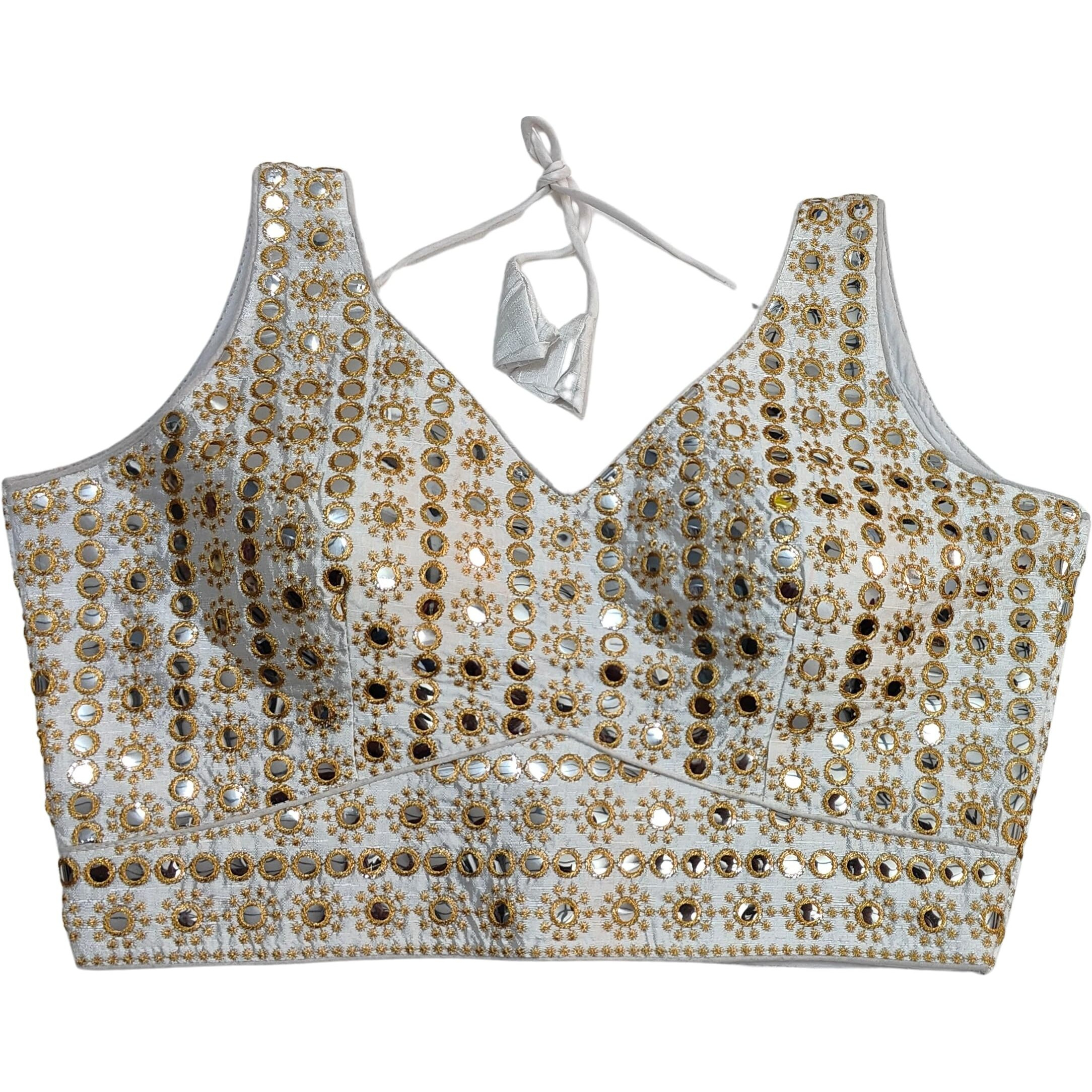 Pujia Mills Women's Readymade Blouse Sleeveless Blouse Embroidery jari Work Mirror Blouse Handwork Readymade Saree Blouse for Women for Saree and Lehenga Choli (B101 White 36)