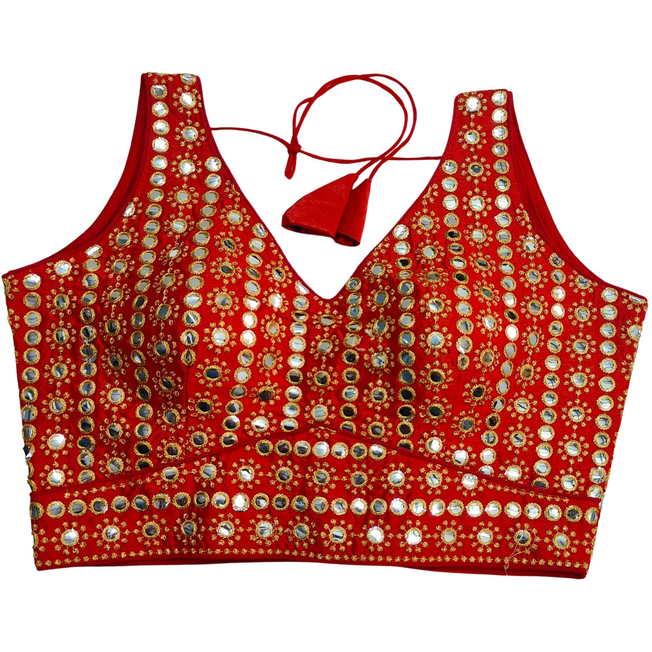 Pujia Mills Women's Readymade Blouse Sleeveless Blouse Embroidery jari Work Mirror Blouse Handwork Readymade Saree Blouse for Women for Saree and Lehenga Choli (B101 Red 36)