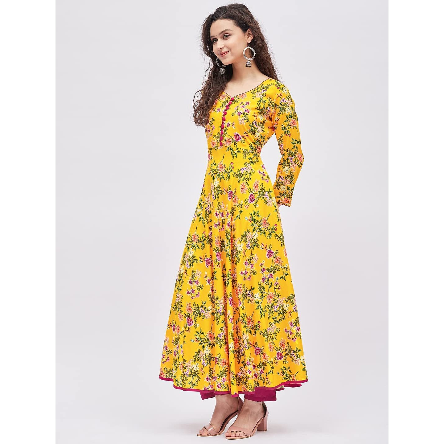 Tissu Women's Rayon Yellow & Rani Floral Printed A-Line Kurta 2211_Yellow_3XL