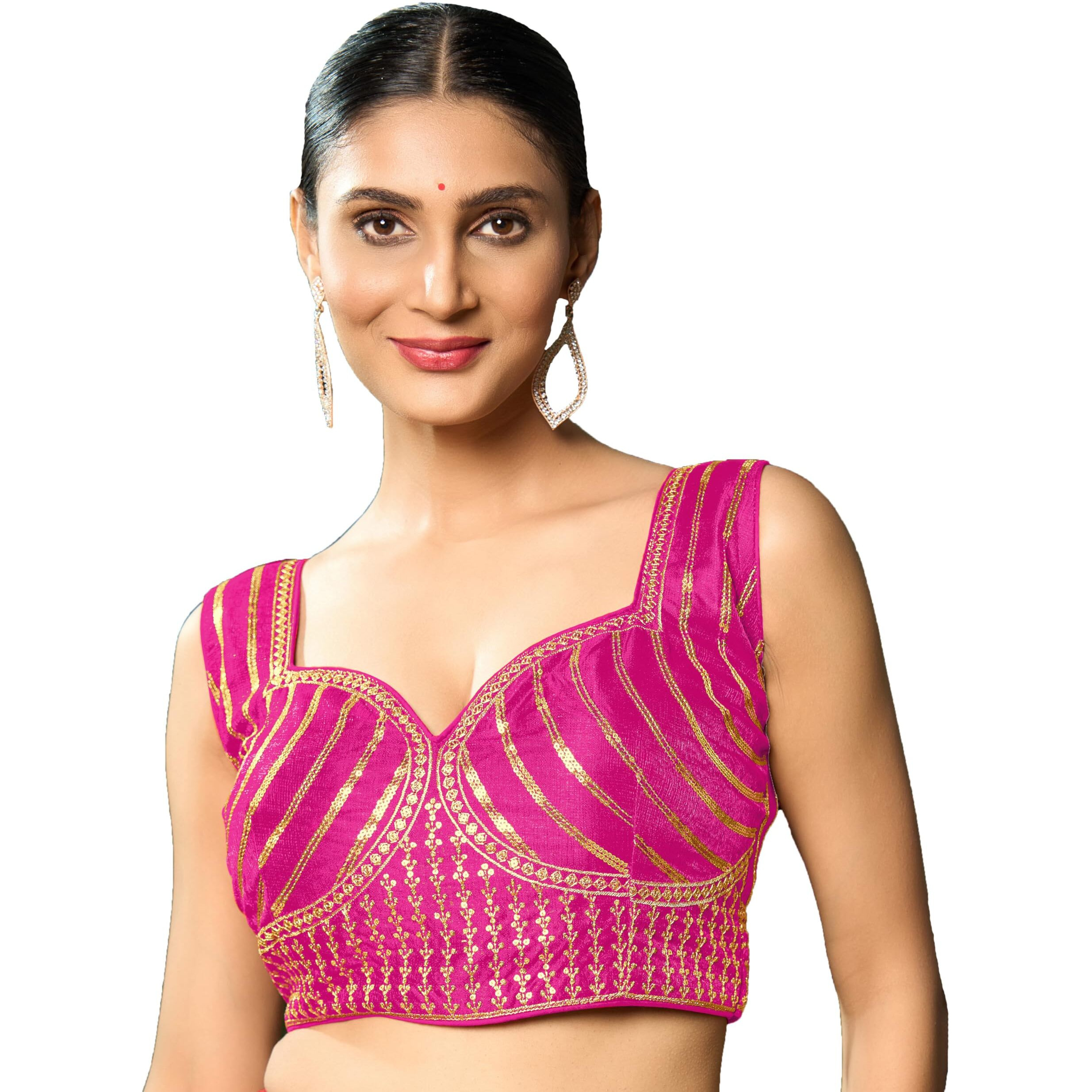 Pujia Mills Women's Readymade Blouse Embroidery Multi Coding Gold Thread Indian Ethnic Designer Stitched Readymade Saree Sleeveless Pink Blouse for Women for Saree Lehenga Choli
