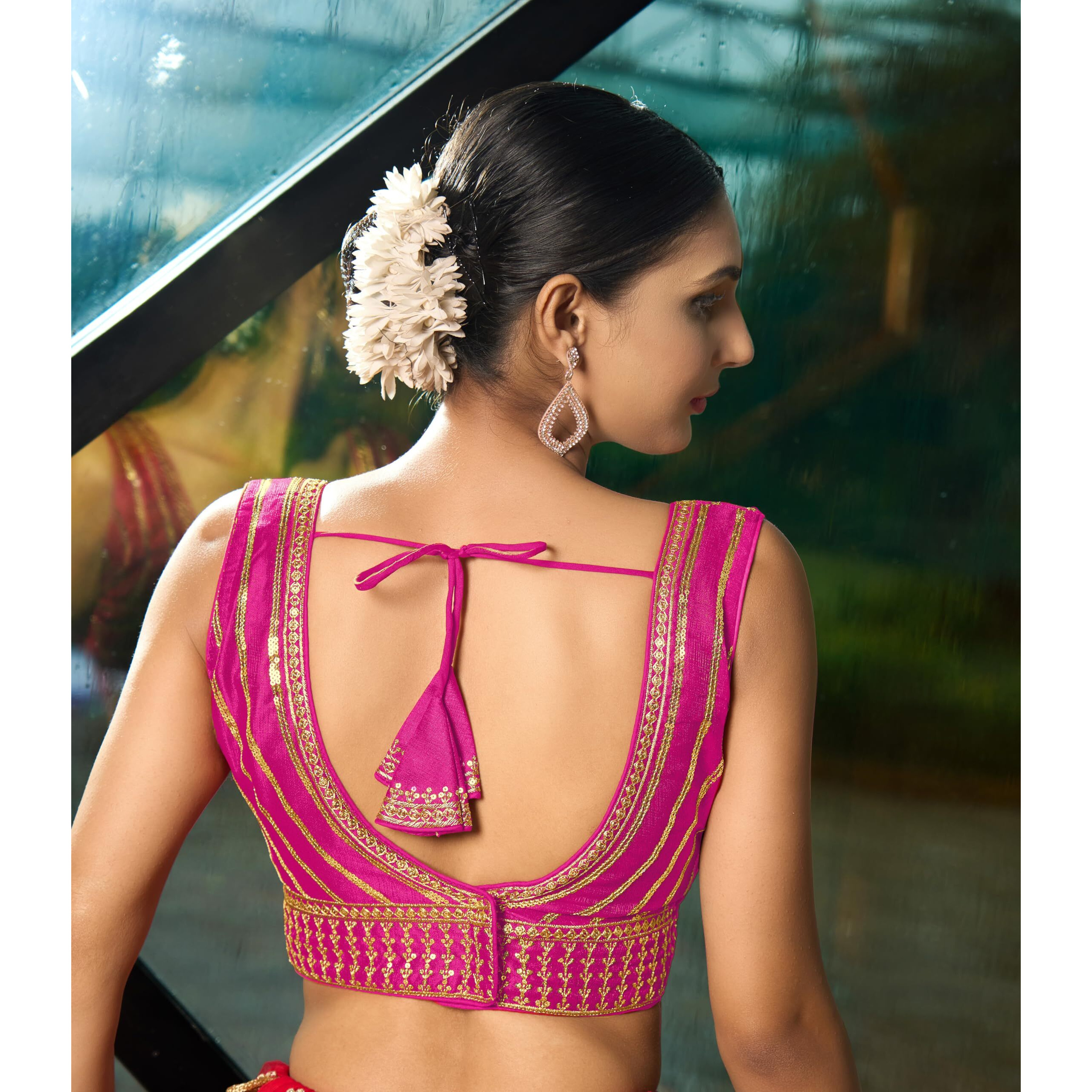 Pujia Mills Women's Readymade Blouse Embroidery Multi Coding Gold Thread Indian Ethnic Designer Stitched Readymade Saree Sleeveless Pink Blouse for Women for Saree Lehenga Choli