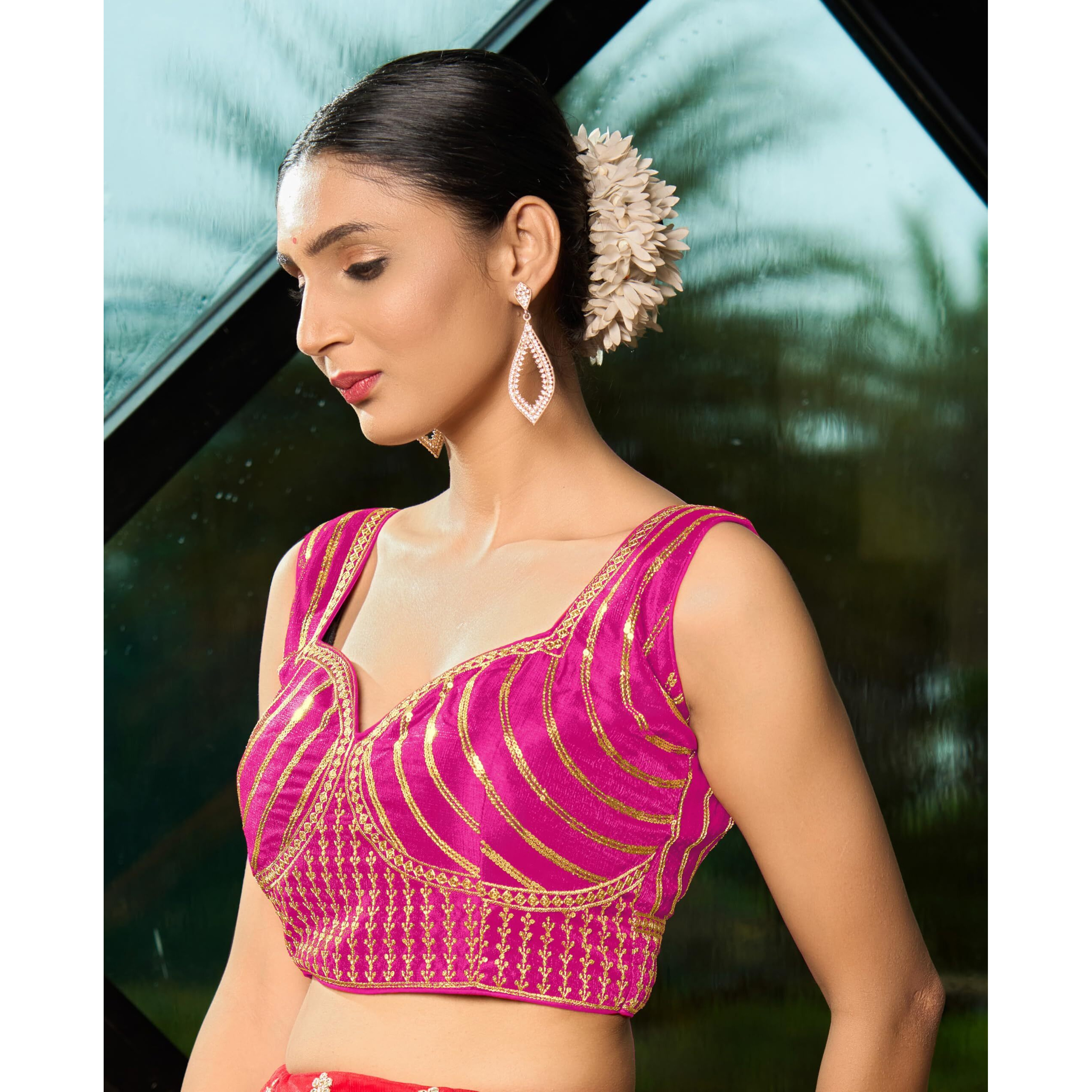 Pujia Mills Women's Readymade Blouse Embroidery Multi Coding Gold Thread Indian Ethnic Designer Stitched Readymade Saree Sleeveless Pink Blouse for Women for Saree Lehenga Choli