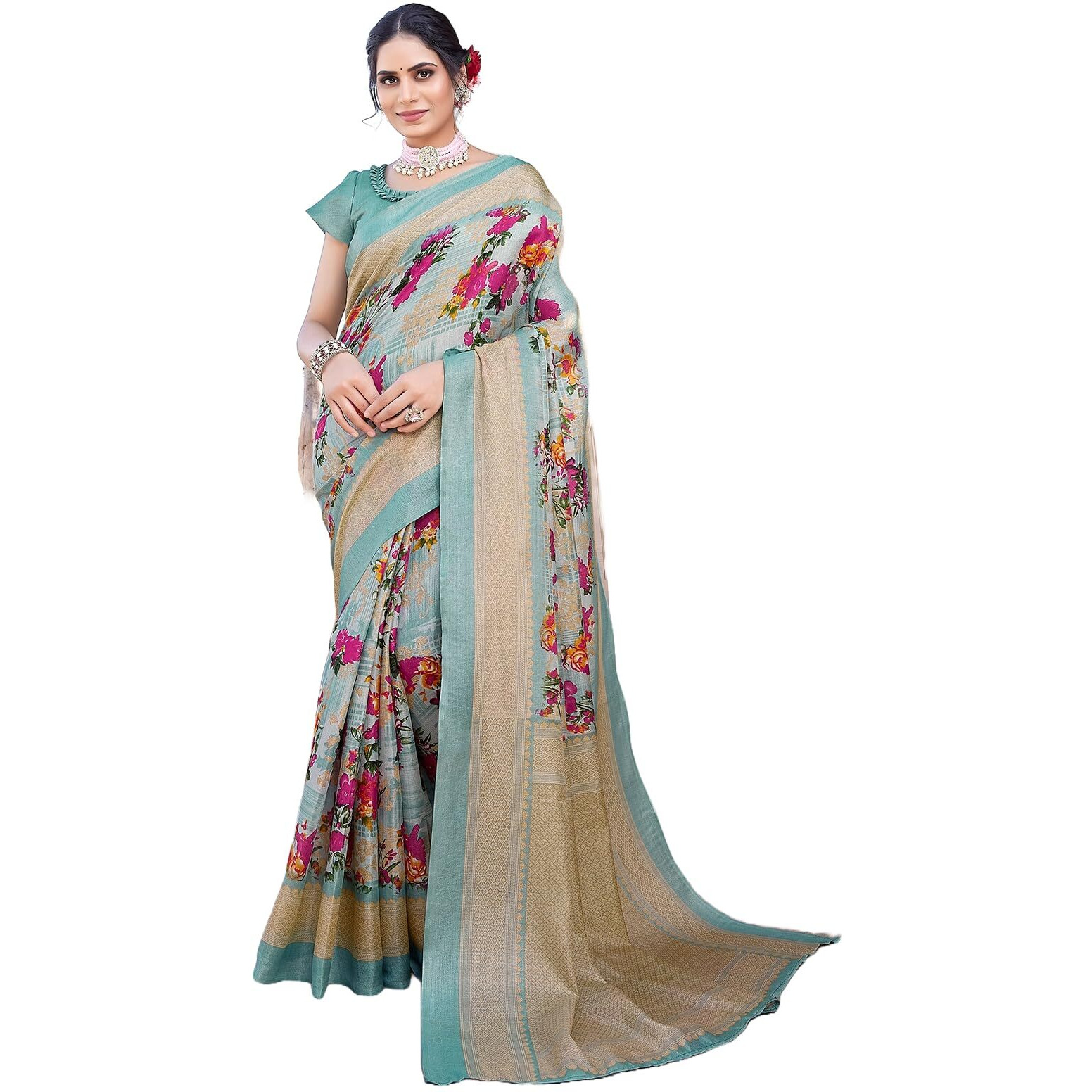 Yashika Women's Art Silk Saree Printed Saree With Unstitched Blouse Material - Suitable For All Indian Occasions and Festivals (AZ-YS-OG-AIR LIGHT GREEN)