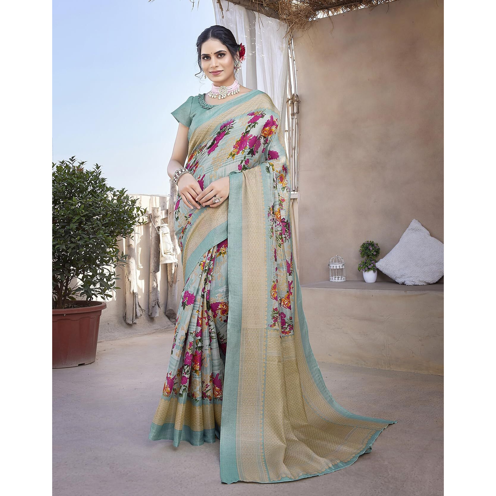 Yashika Women's Art Silk Saree Printed Saree With Unstitched Blouse Material - Suitable For All Indian Occasions and Festivals (AZ-YS-OG-AIR LIGHT GREEN)