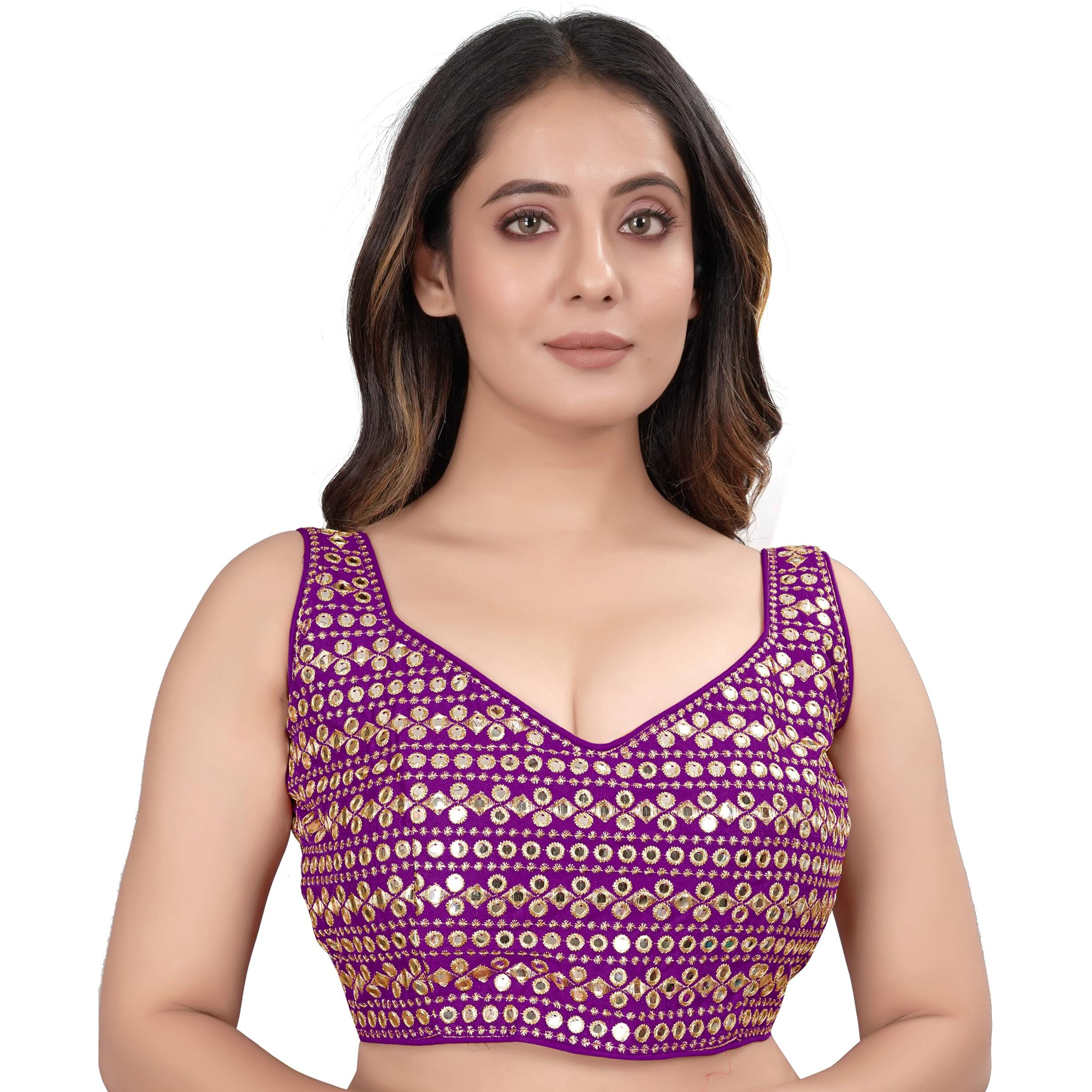 Sumaira Tex Womens Readymade Sweetheart Neck Sleeveless Mirror Saree Blouse.(Paper Foil Wine_38)