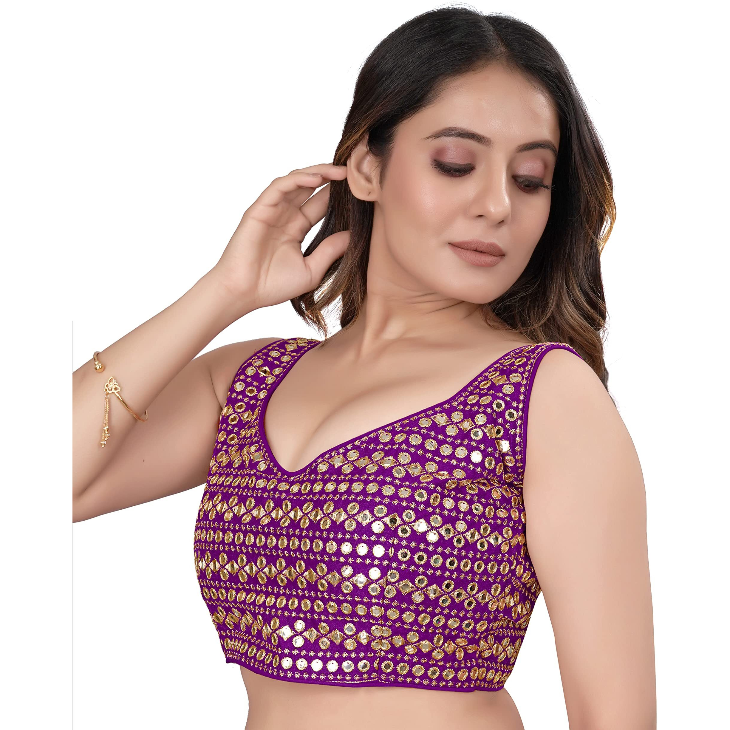 Sumaira Tex Womens Readymade Sweetheart Neck Sleeveless Mirror Saree Blouse.(Paper Foil Wine_38)