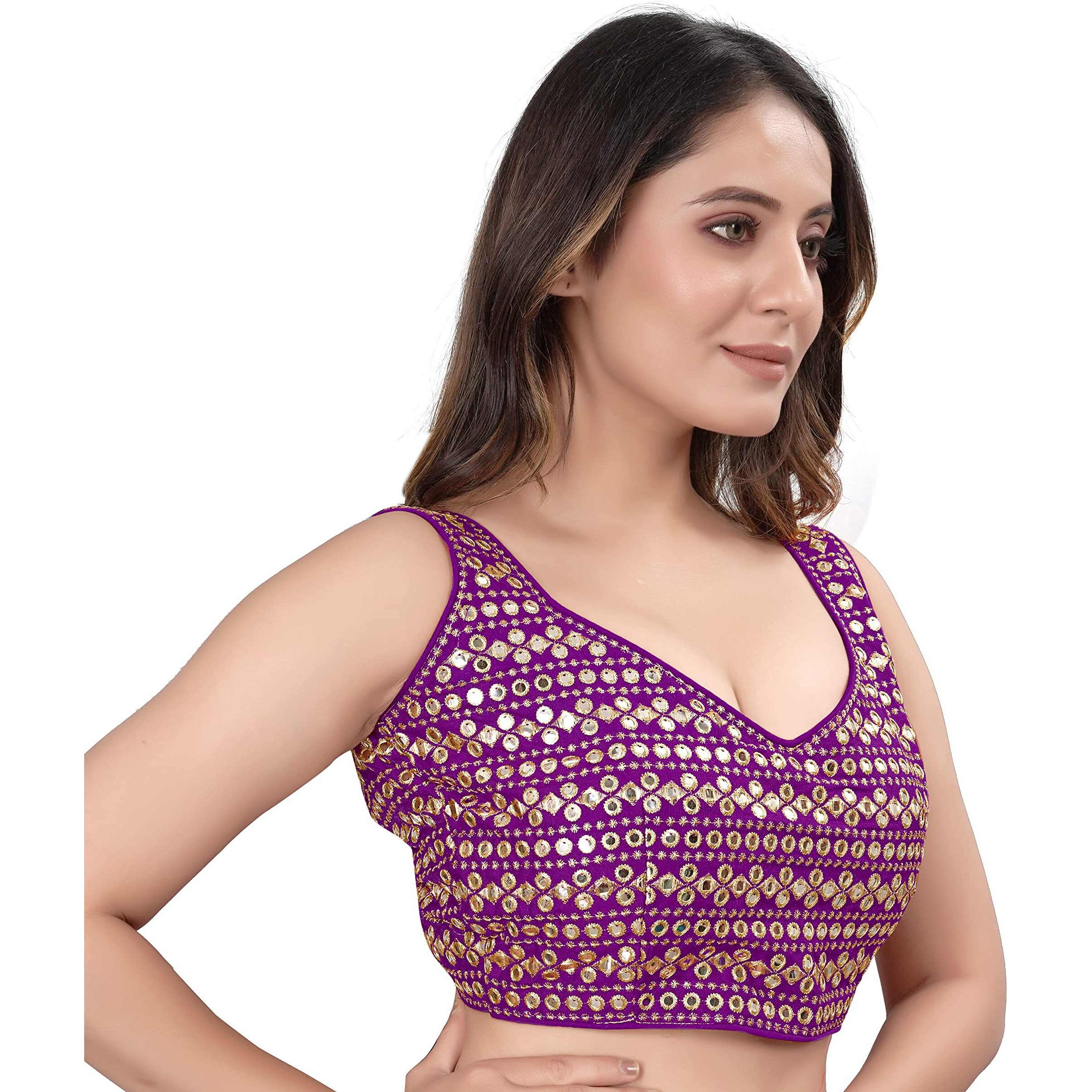 Sumaira Tex Womens Readymade Sweetheart Neck Sleeveless Mirror Saree Blouse.(Paper Foil Wine_38)