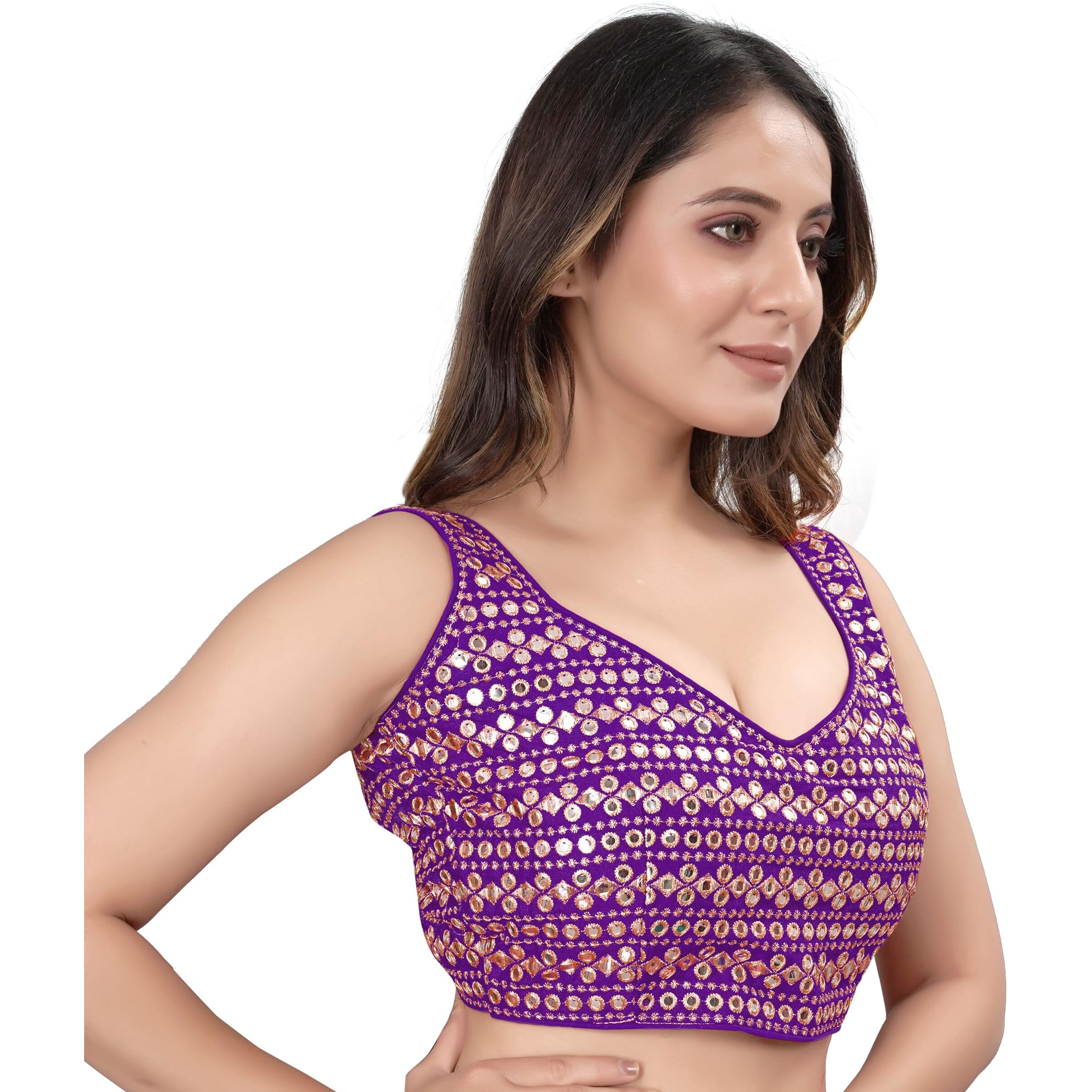 Sumaira Tex Womens Readymade Sweetheart Neck Sleeveless Mirror Saree Blouse.(Paper Foil Purple_38)
