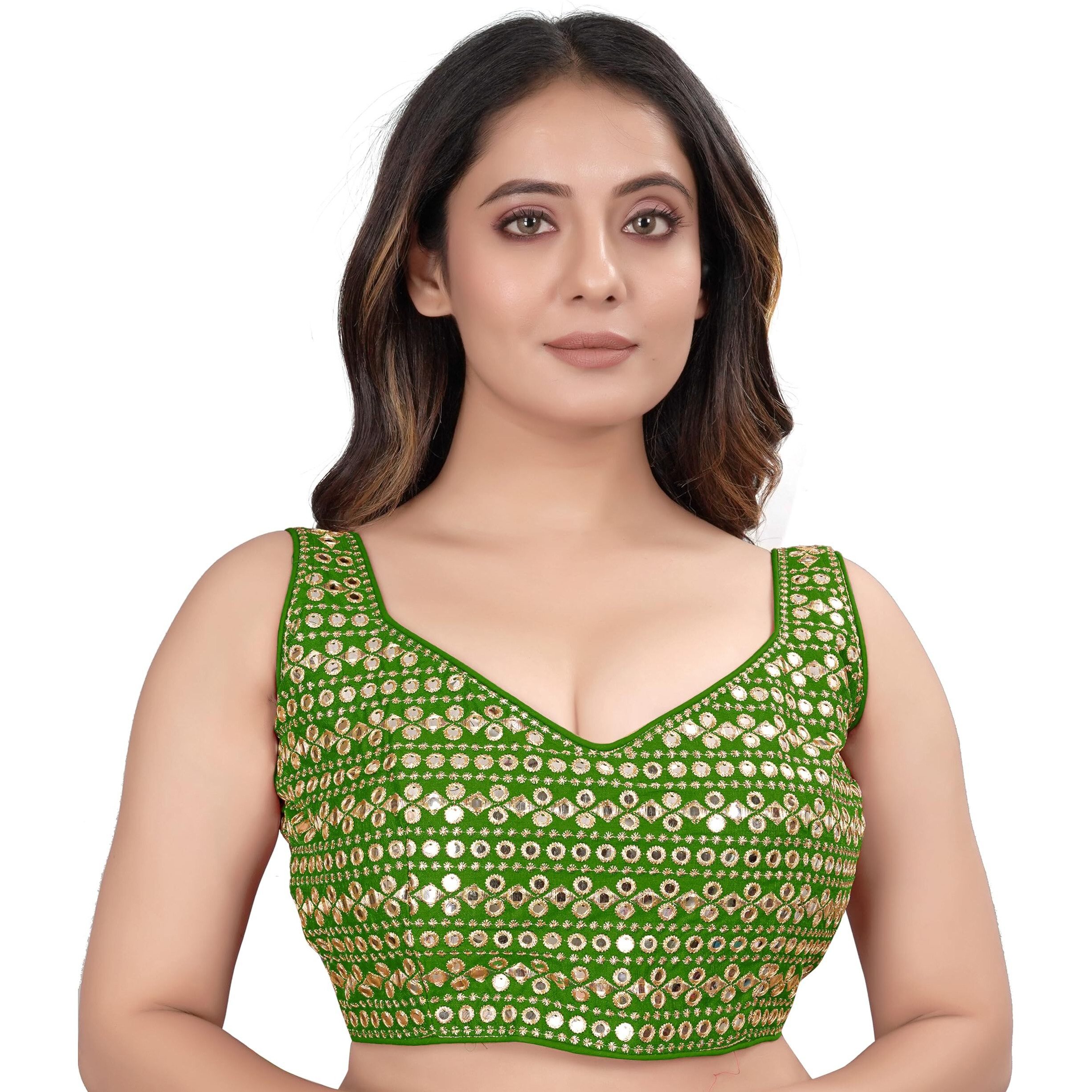Sumaira Tex Womens Readymade Sweetheart Neck Sleeveless Mirror Saree Blouse.(Paper Foil Mehendi Green_38)