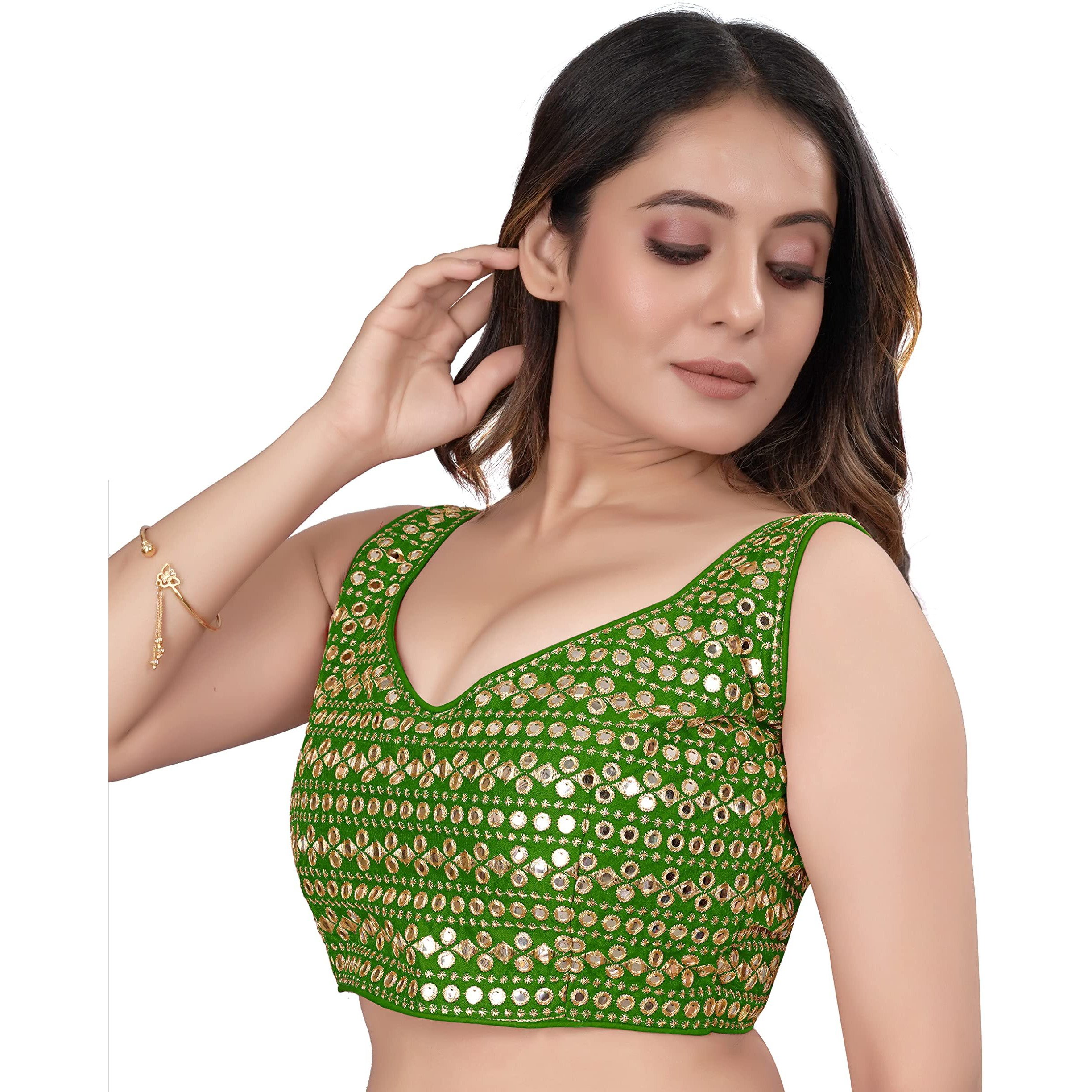 Sumaira Tex Womens Readymade Sweetheart Neck Sleeveless Mirror Saree Blouse.(Paper Foil Mehendi Green_38)