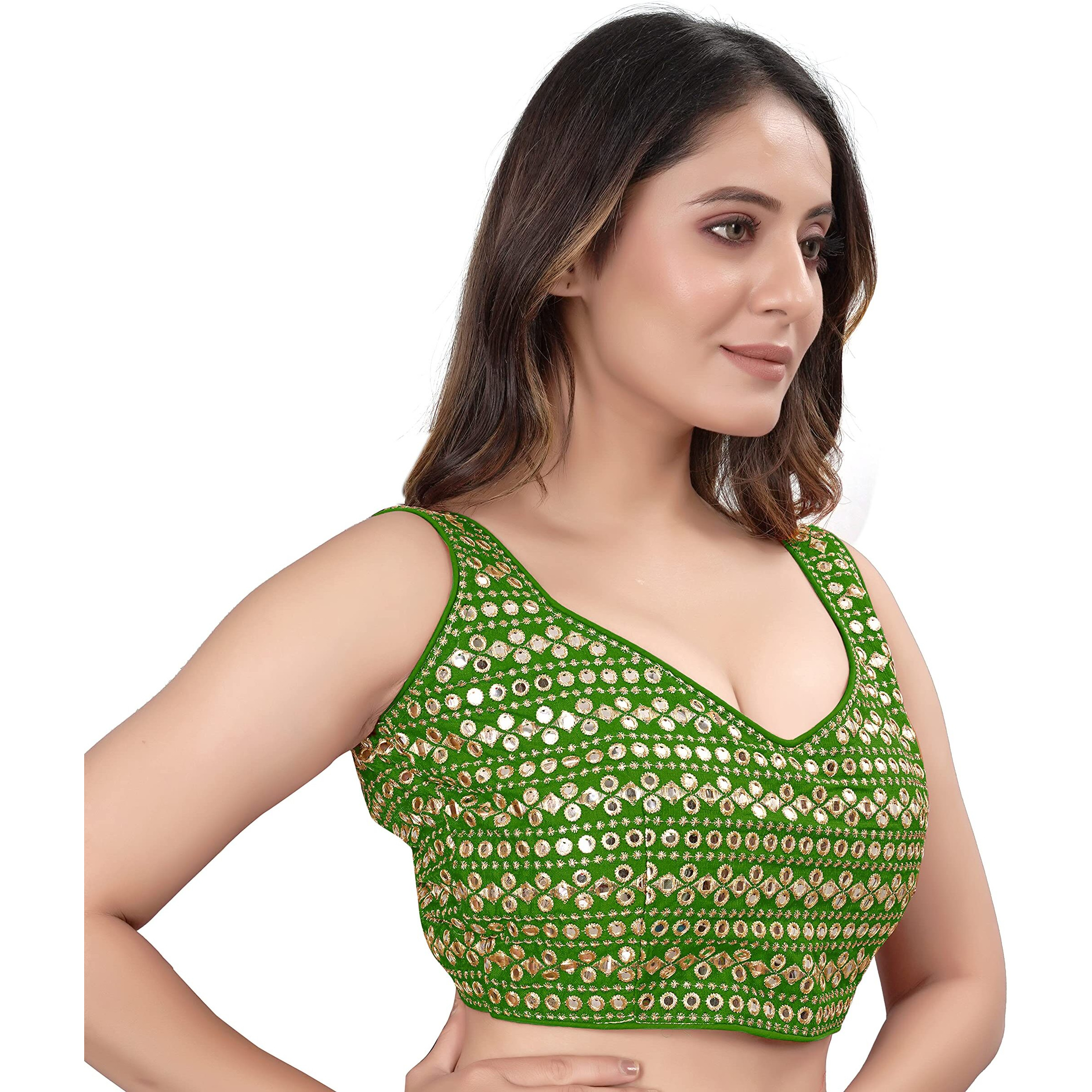 Sumaira Tex Womens Readymade Sweetheart Neck Sleeveless Mirror Saree Blouse.(Paper Foil Mehendi Green_38)