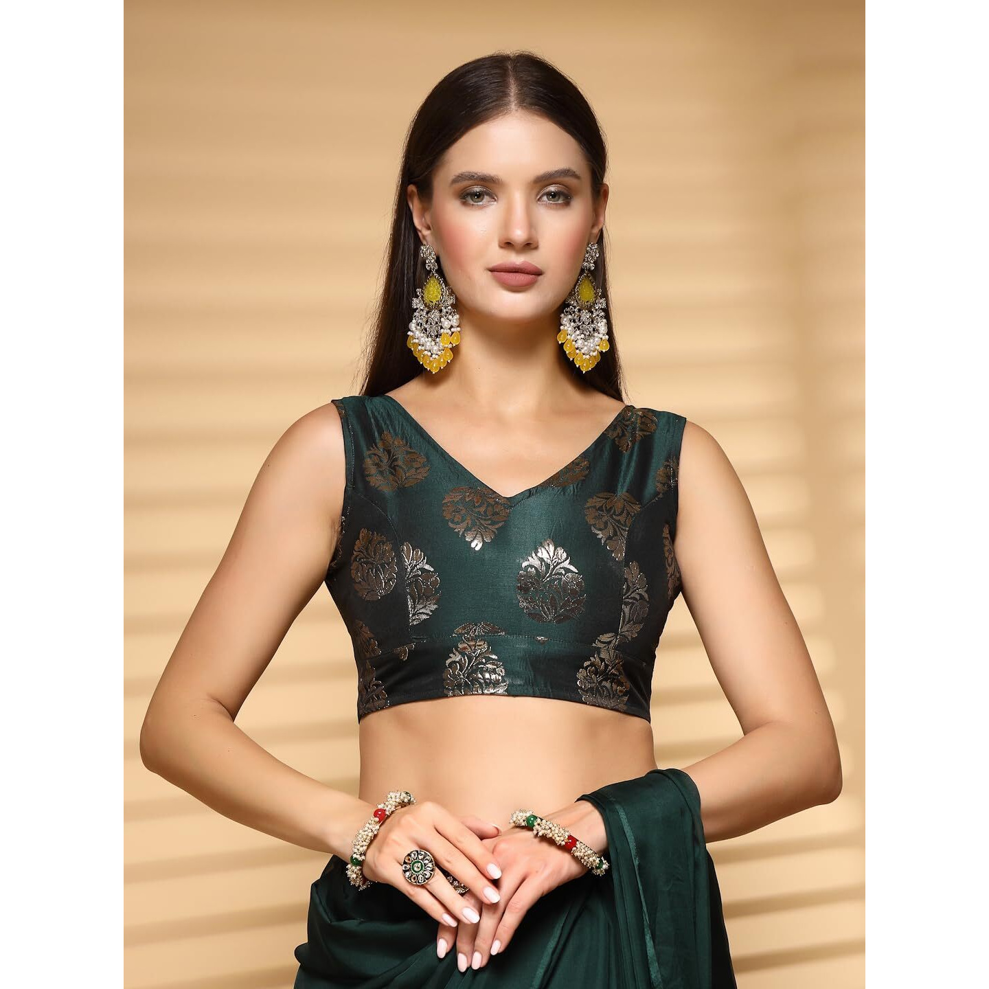 OOMPH Women's Indian Ethnic Wear Designer Big Paisley Pattern Zari Work V Neck Sleeveless Forest Green Color Brocade Readymade Blouse for Saree or Lehnga and Fusion Twist. M