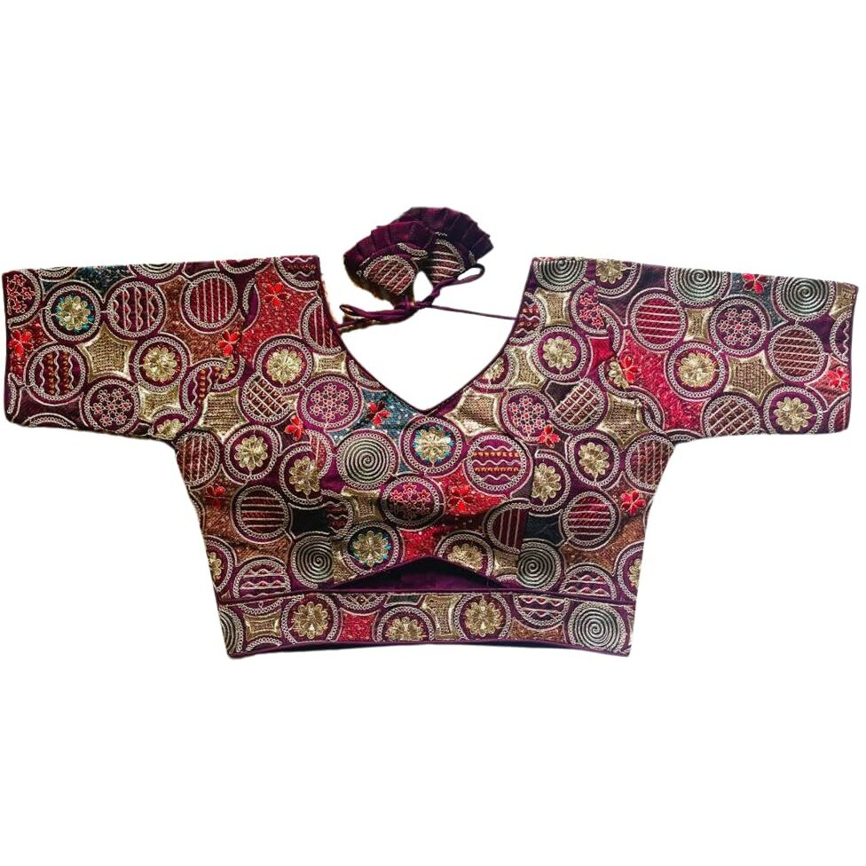 Vihu Fashion Women's Blouse Readymade Blouse Embroidery Multi Coding Gold Thread Blouses Handwork Wine Color Readymade Saree Blouse for Women for Saree and Lehenga Choli (VF2420 Wine 38)