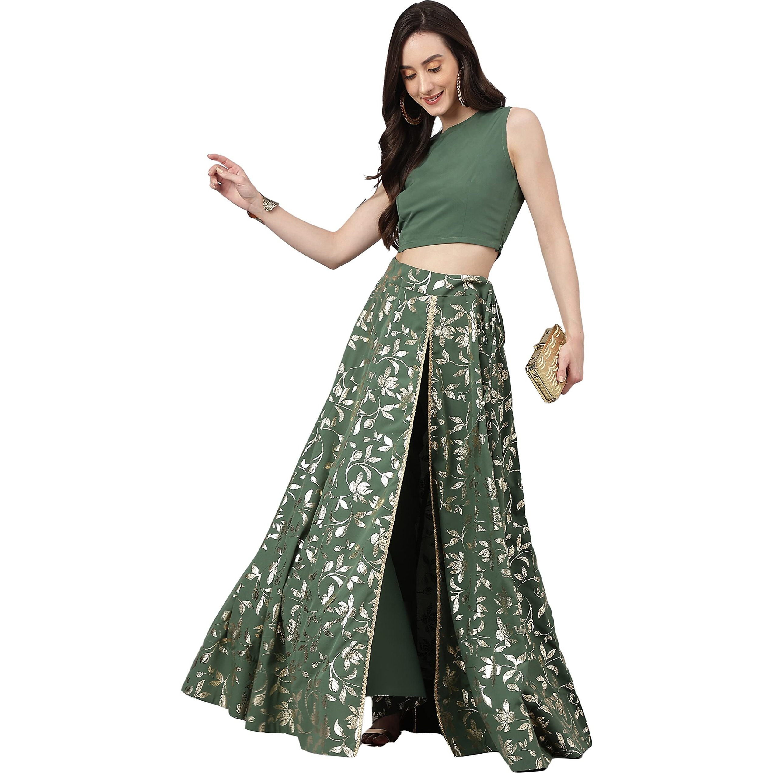 Janasya Women's Olive Green Crepe Lehenga Choli With Pant(SET576-LCP-XXXL)