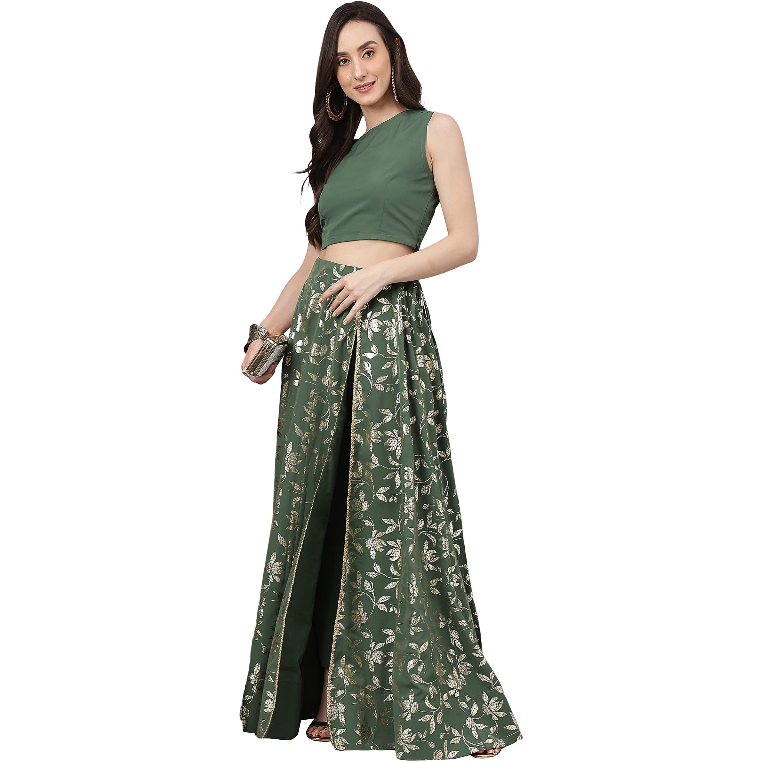 Janasya Women's Olive Green Crepe Lehenga Choli With Pant(SET576-LCP-XXXL)