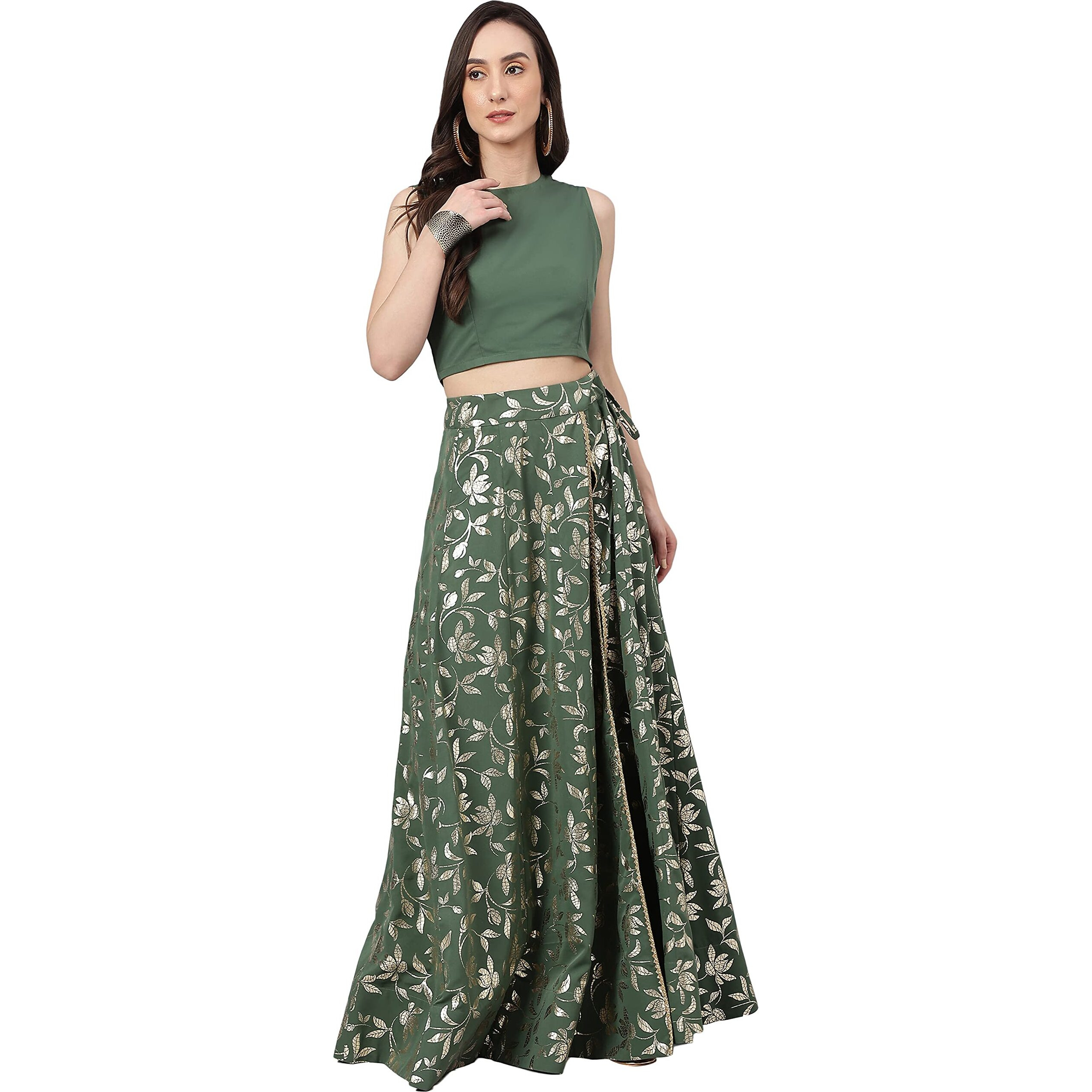 Janasya Women's Olive Green Crepe Lehenga Choli With Pant(SET576-LCP-XXXL)