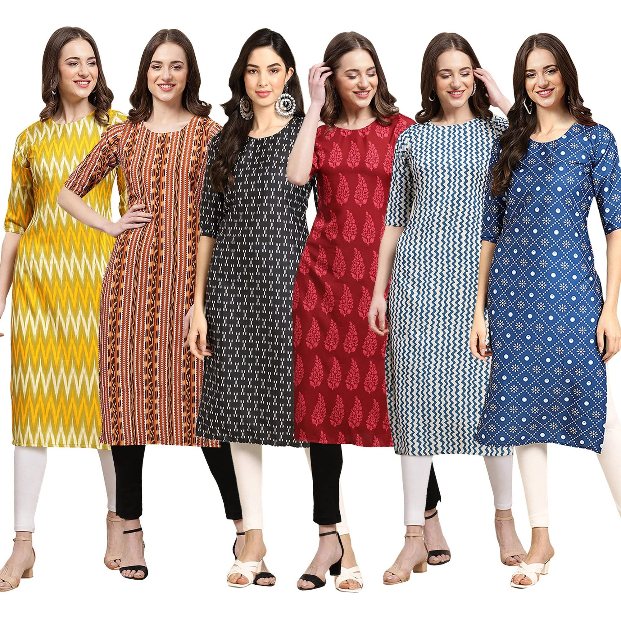 Pinkmint Women's Crepe Digital Print Straight Kurta Pack of 6 [CR-329-344-362-337-331-353-XXL]