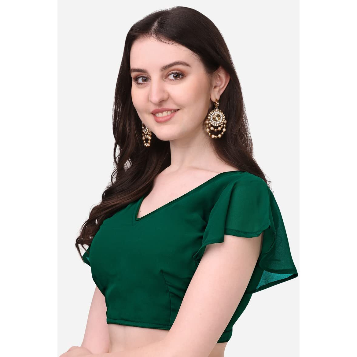 Pujia Mills Women's Georgette Bell Sleeve Readymade Saree Blouse (3003_Mehndi_38)