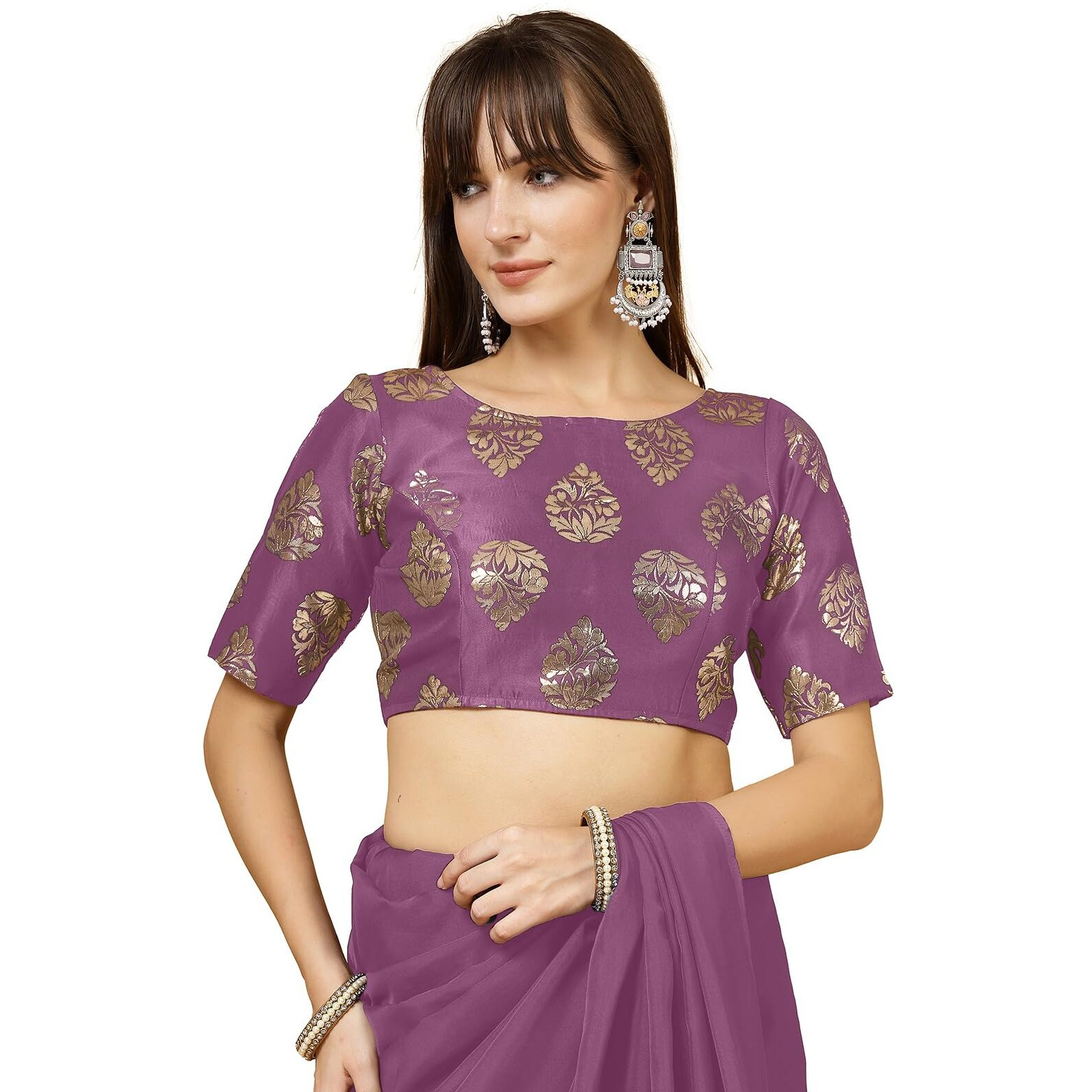 OOMPH Women's Indian Ethnic Wear Designer Big Paisley Pattern Zari Work Boat Neck Half Sleeve Fuscia Pink Color Brocade Readymade Blouse for Saree or Lehnga and Fusion Twist. XL