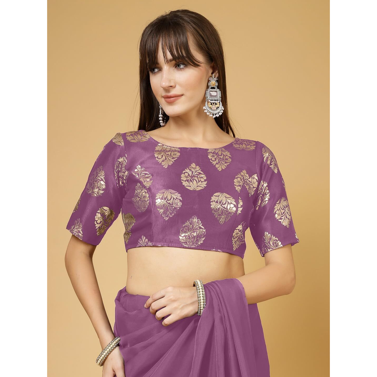 OOMPH Women's Indian Ethnic Wear Designer Big Paisley Pattern Zari Work Boat Neck Half Sleeve Fuscia Pink Color Brocade Readymade Blouse for Saree or Lehnga and Fusion Twist. XL
