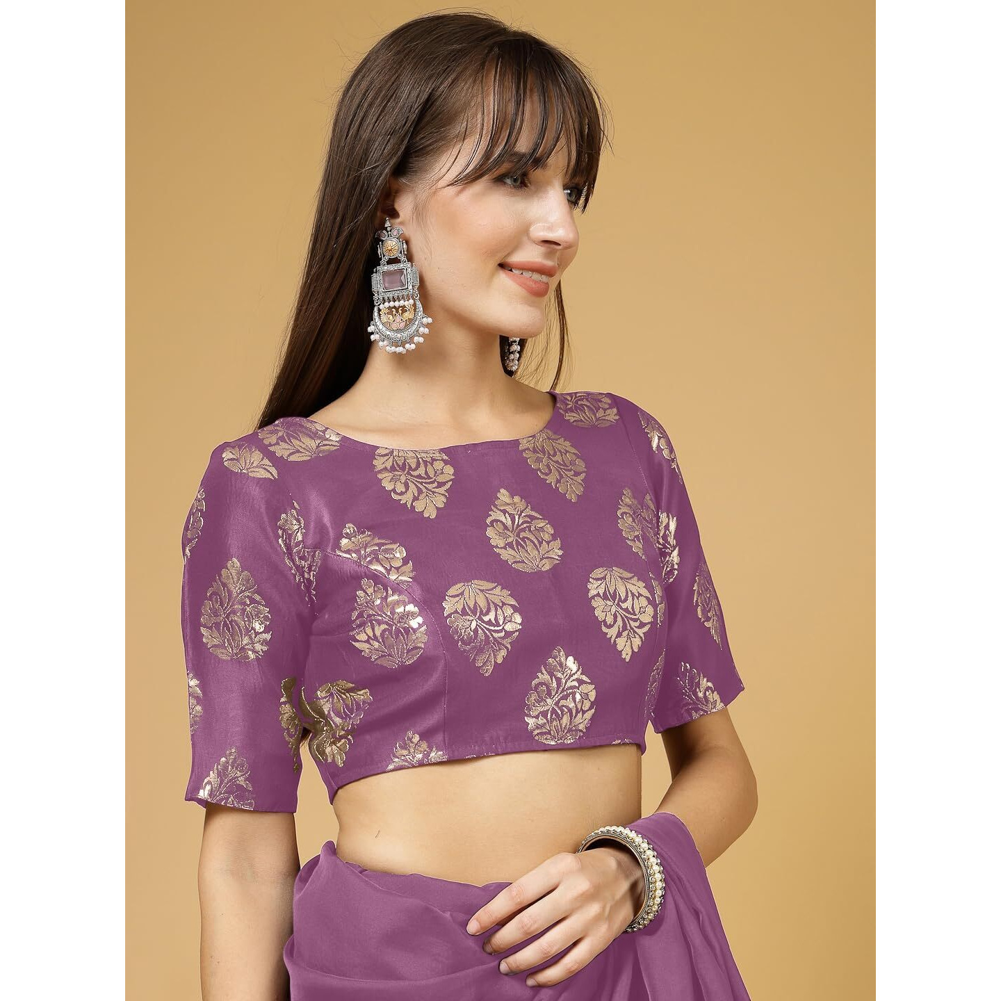 OOMPH Women's Indian Ethnic Wear Designer Big Paisley Pattern Zari Work Boat Neck Half Sleeve Fuscia Pink Color Brocade Readymade Blouse for Saree or Lehnga and Fusion Twist. XL