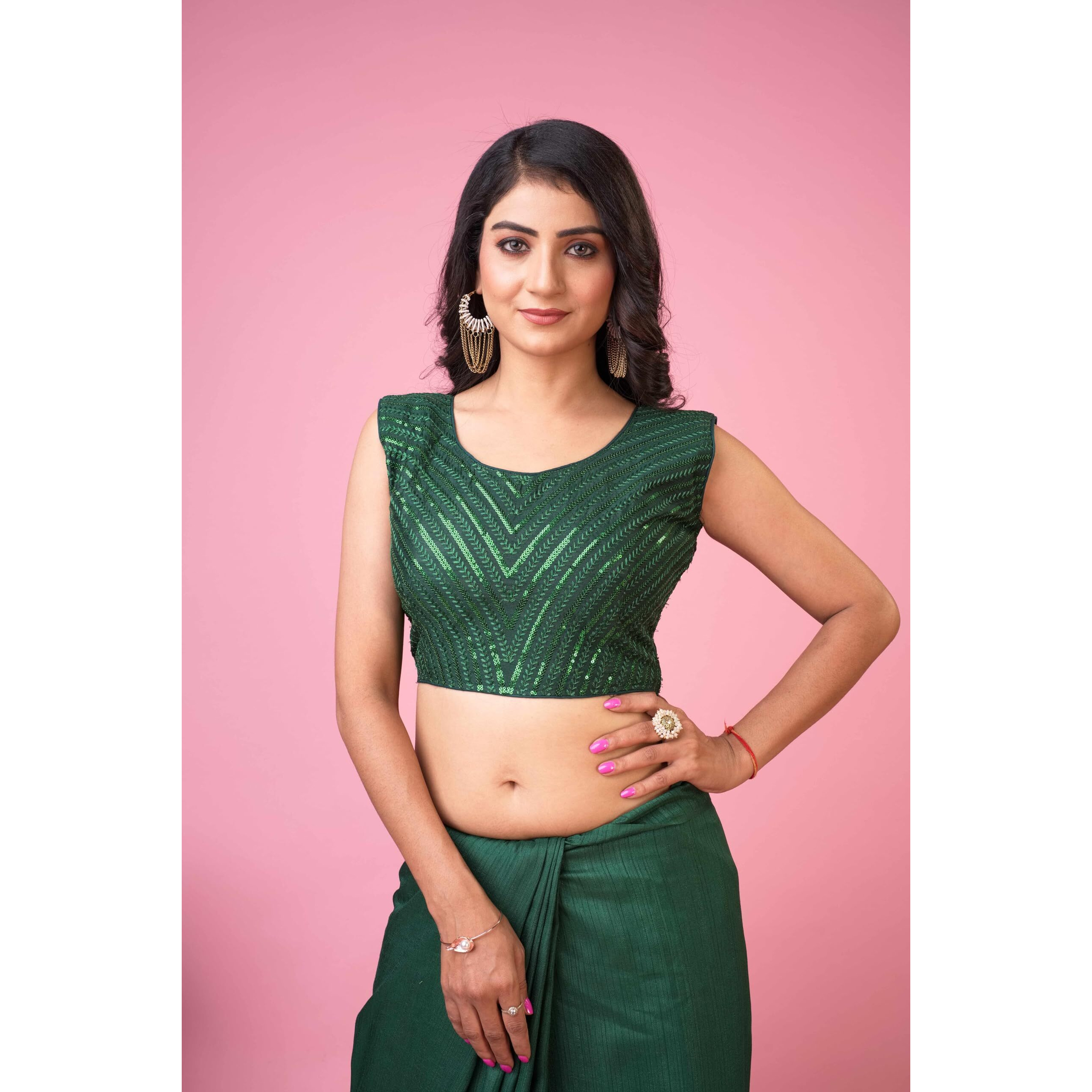 Jaanvi fashion Women's Silk Embroidery Sequins Work Readymade Saree Blouse(jaana-blouse-green-32)