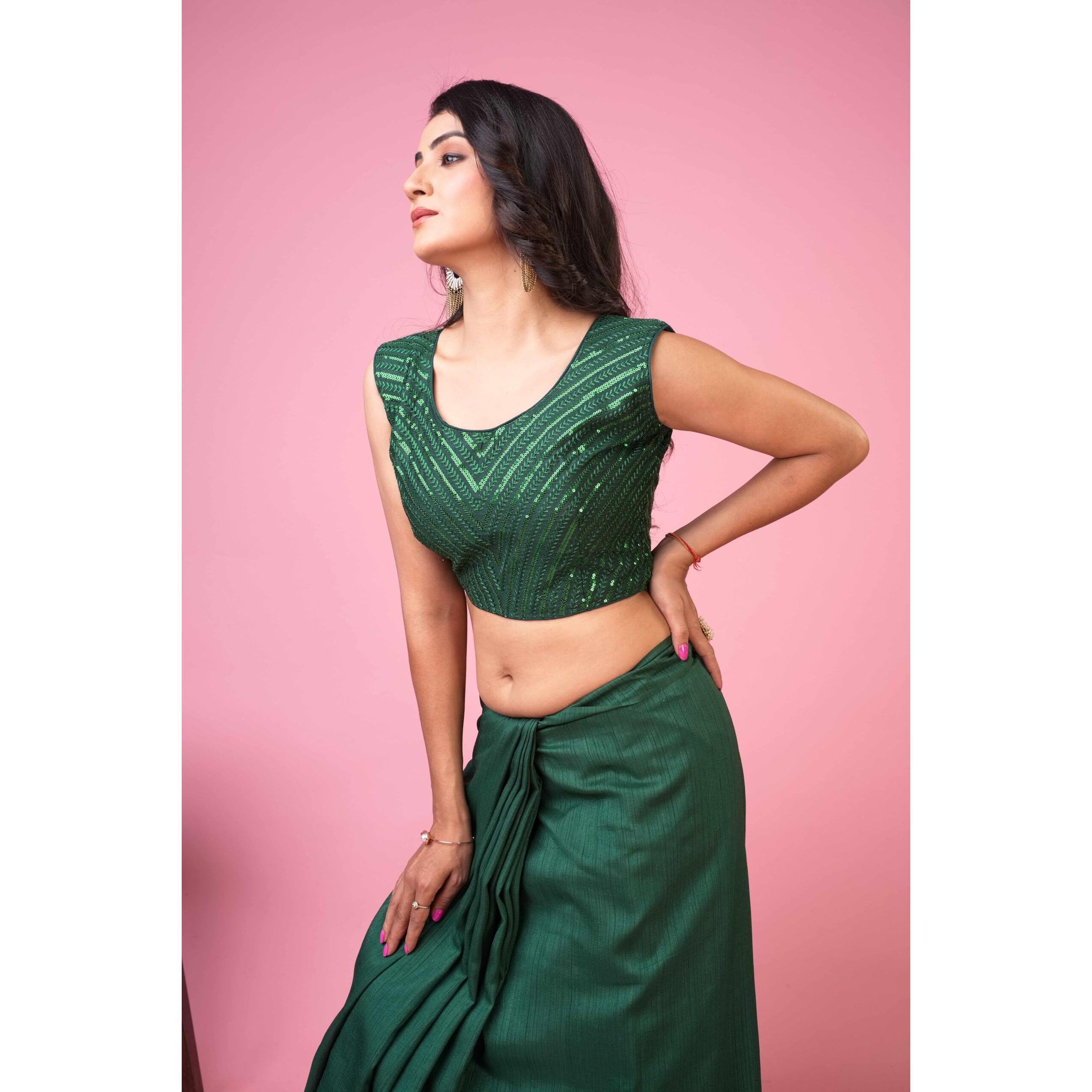 Jaanvi fashion Women's Silk Embroidery Sequins Work Readymade Saree Blouse(jaana-blouse-green-32)