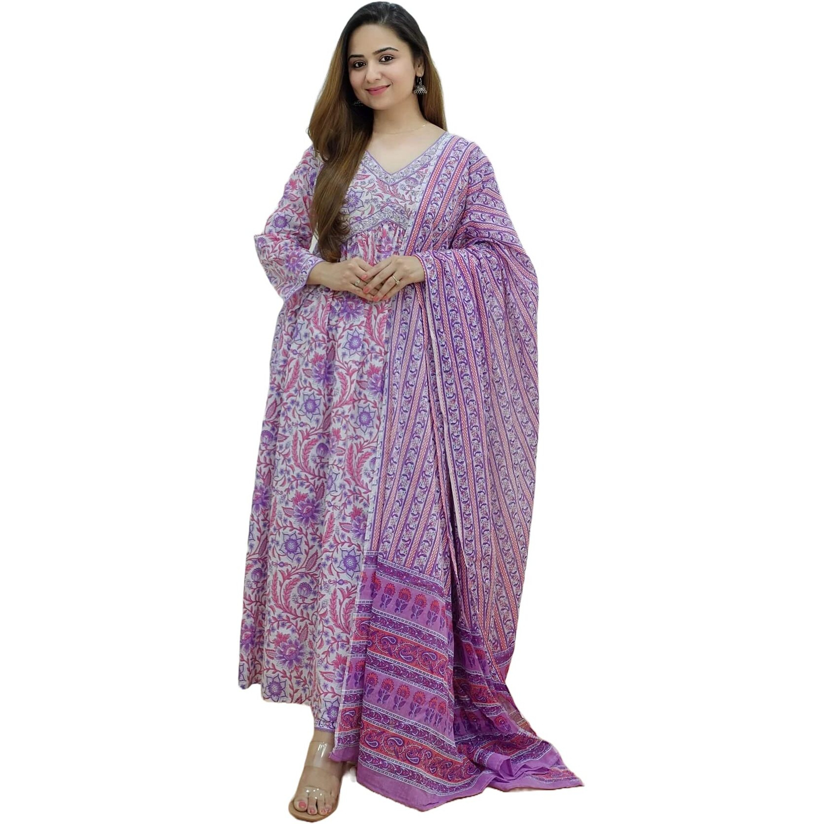 KLOSIA Women Floral Printed Kurta and Pant Set with Dupatta (Small) Pink