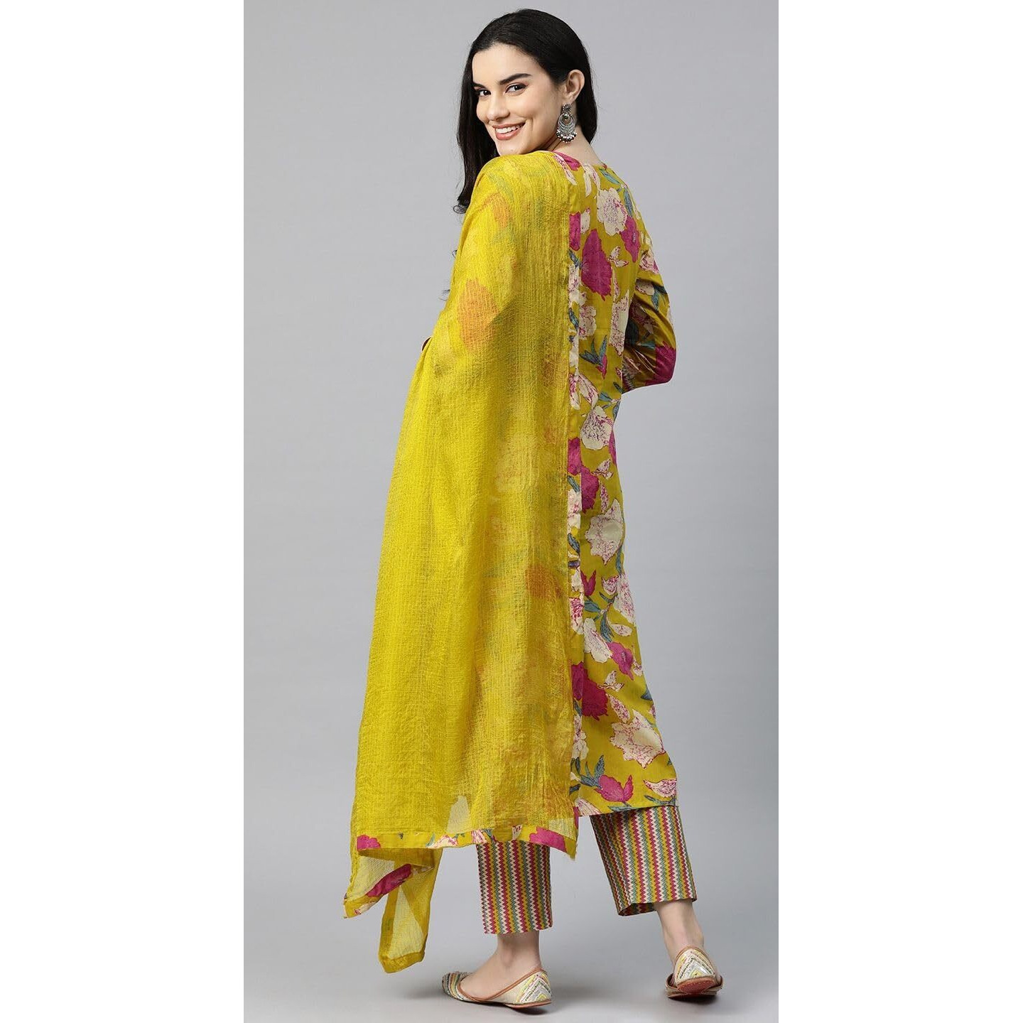 GoSriKi Women's Cotton Blend Straight Printed Kurta with Pant & Dupatta (GANITA Mustard-GS_4XL_Mustard_XXXX-Large)