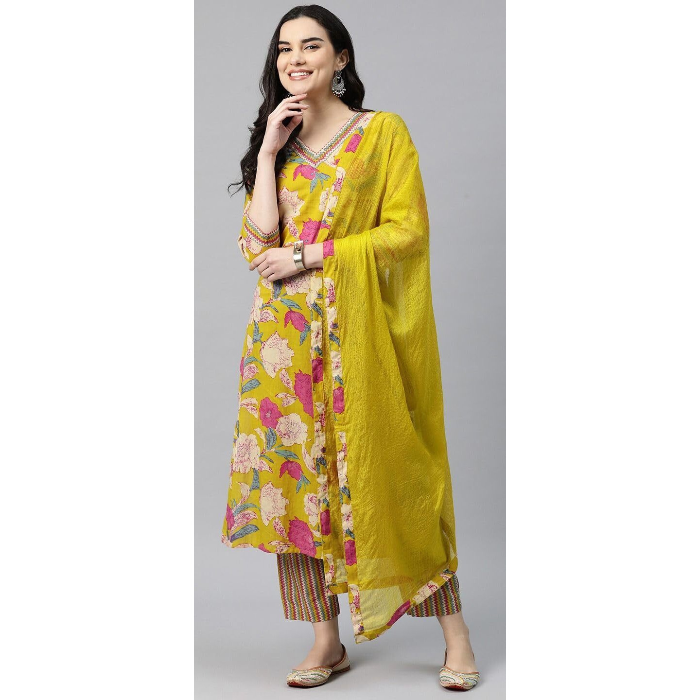 GoSriKi Women's Cotton Blend Straight Printed Kurta with Pant & Dupatta (GANITA Mustard-GS_4XL_Mustard_XXXX-Large)