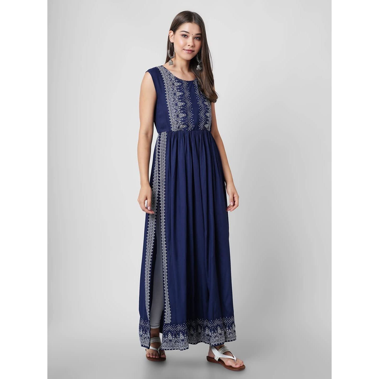 Daevish Women's Printed Rayon High Side Slit Ankle Lenght Straight Kurta | Naira Cut Kurta for Women | Women Straight Kurta | Sleeveless Kurta Blue