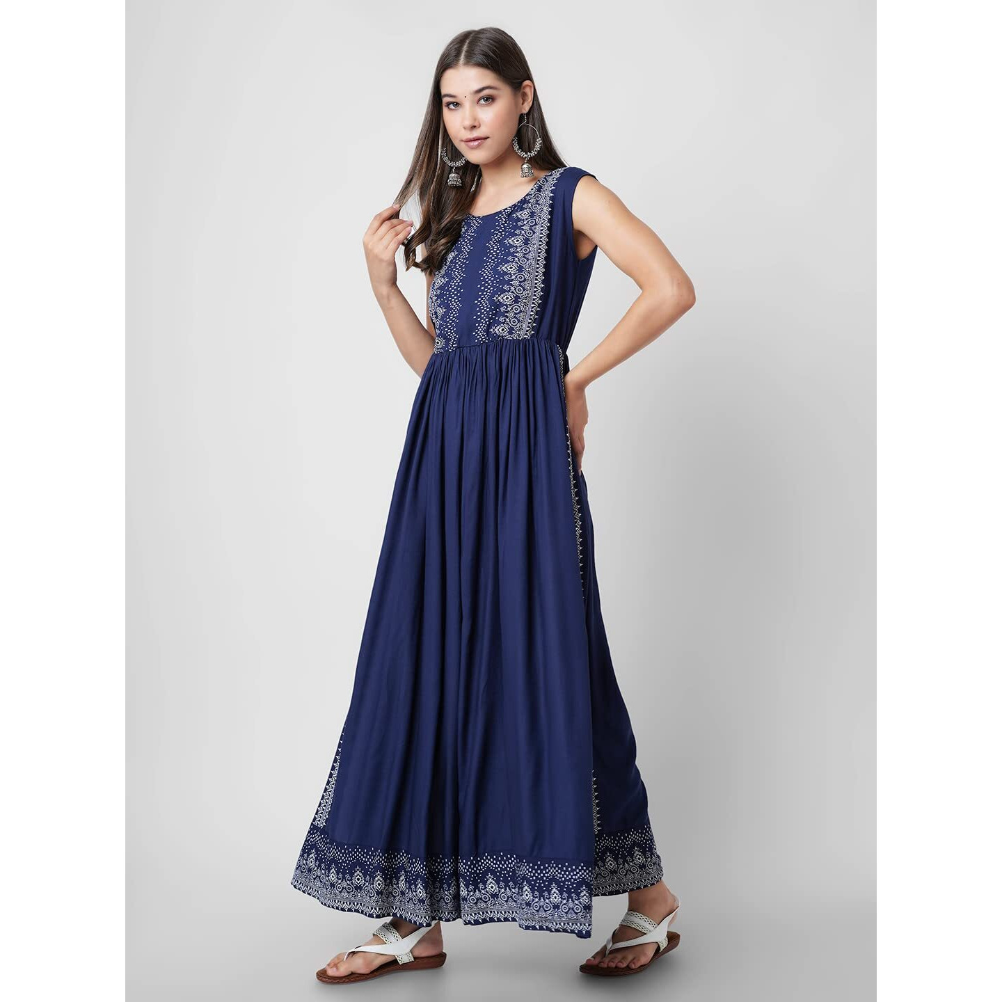 Daevish Women's Printed Rayon High Side Slit Ankle Lenght Straight Kurta | Naira Cut Kurta for Women | Women Straight Kurta | Sleeveless Kurta Blue