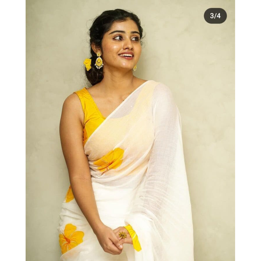 C J Enterprise Womens Pure Soft Cotton Saree Linen For Kalamkari Silk Sarees Latest Party Design Wear Wedding Sadi With Blouse Piece sari south mulmul ikkat mul print 2024 New (White Lotus Yellow)