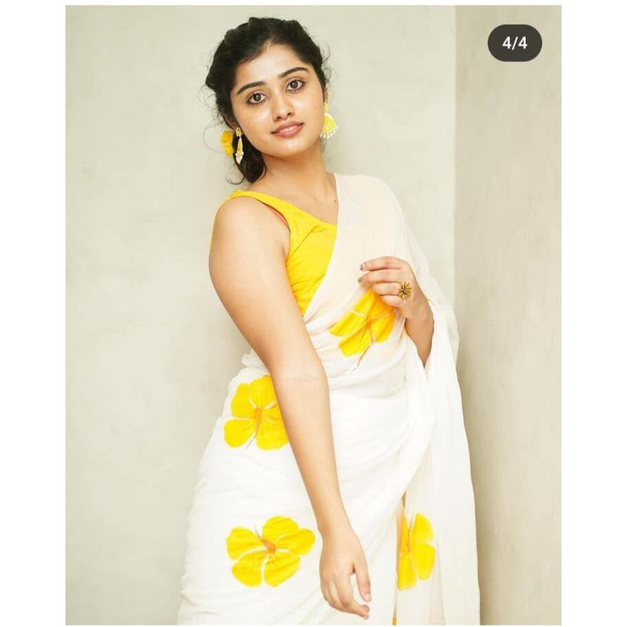 C J Enterprise Womens Pure Soft Cotton Saree Linen For Kalamkari Silk Sarees Latest Party Design Wear Wedding Sadi With Blouse Piece sari south mulmul ikkat mul print 2024 New (White Lotus Yellow)