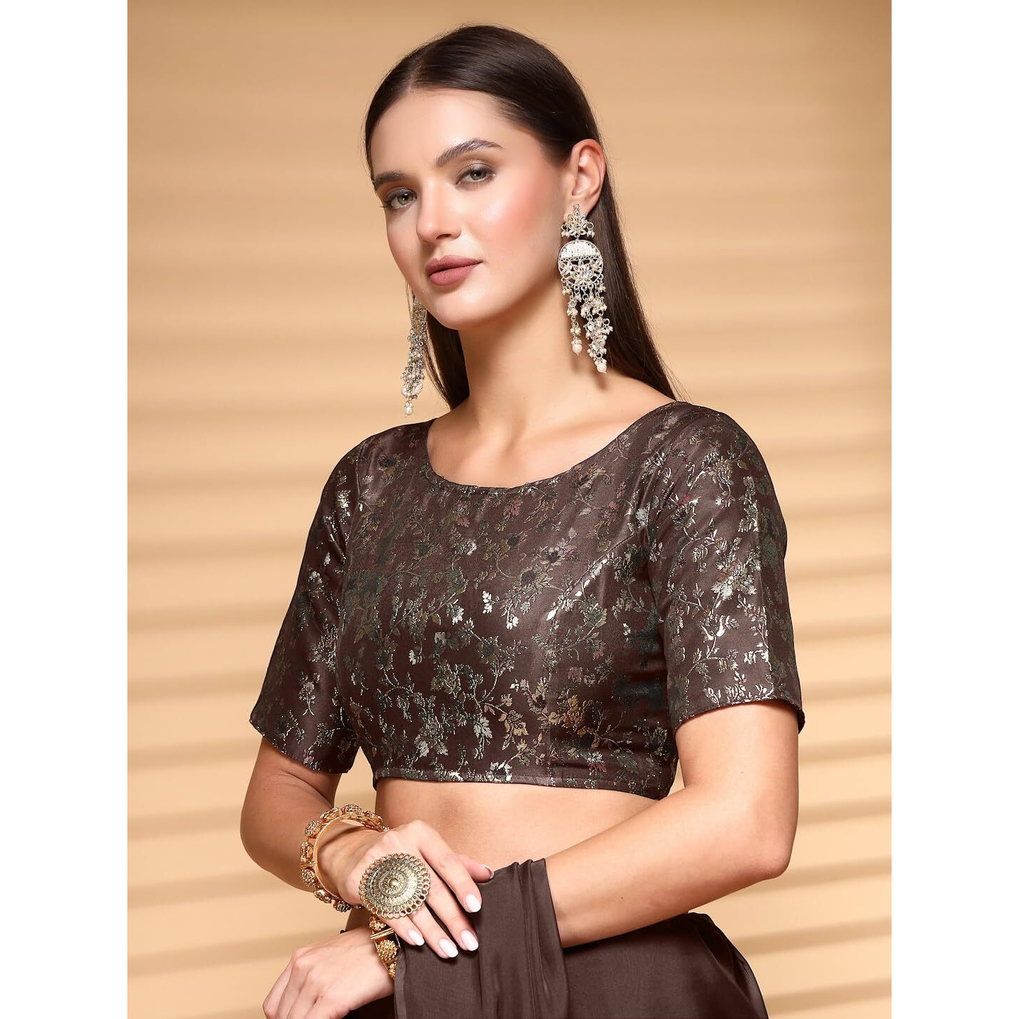 OOMPH Readymade Blouse for Women, Brocade, Boat Neck, rbbl527